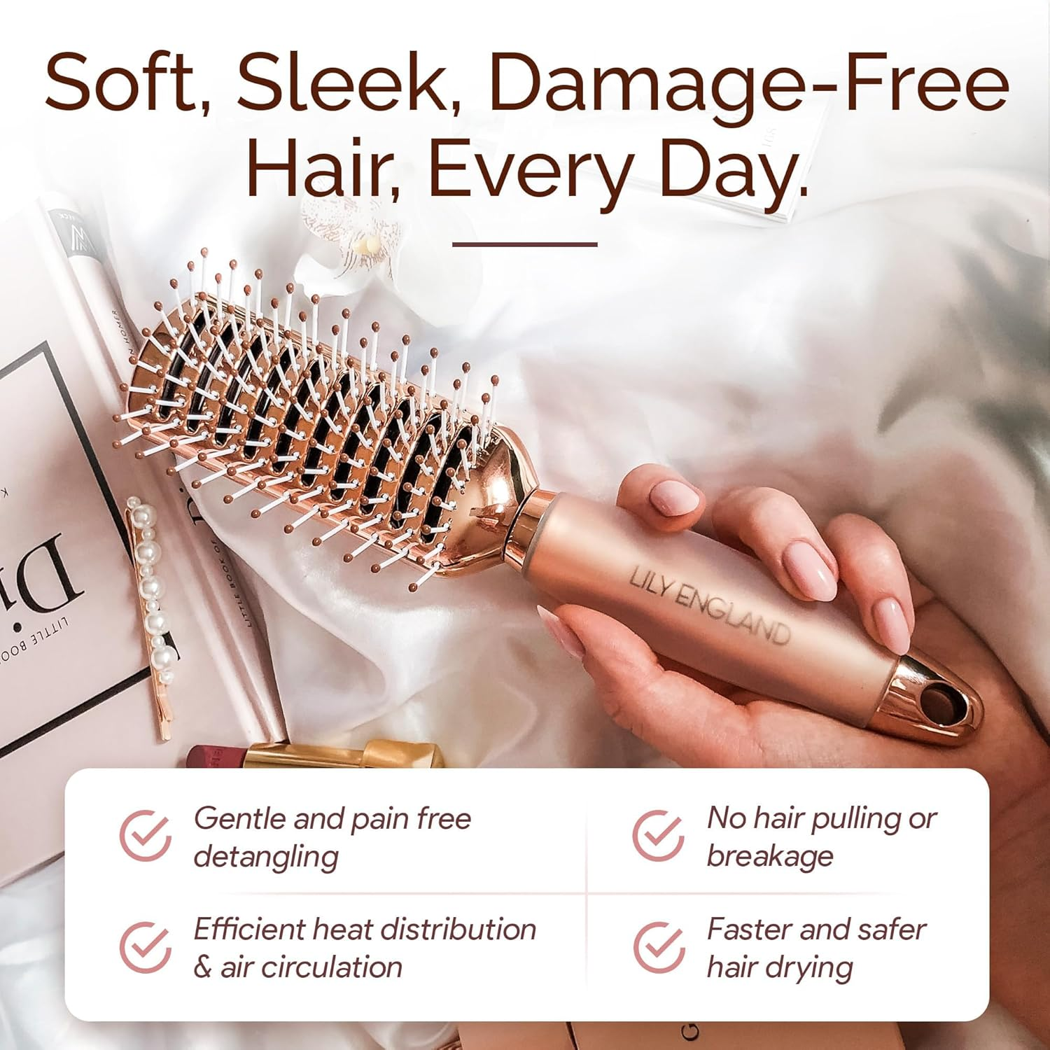 Lily England Vent Hair Brush for Blow Drying, Detangling Hairbrush for Women - Vented Brush with Gel Handle - Rose Gold By image number 1