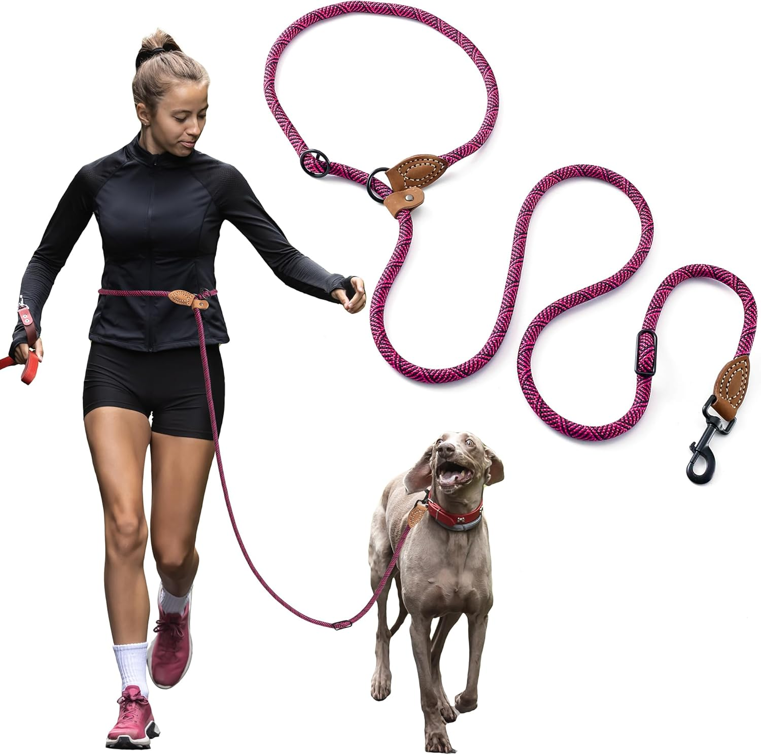 Mile High Life Leather Tailor Reinforce Handle Mountain Climbing Dog Rope Leash with Heavy Duty Metal Sturdy Clasp (Black Khaki, 4 FT)