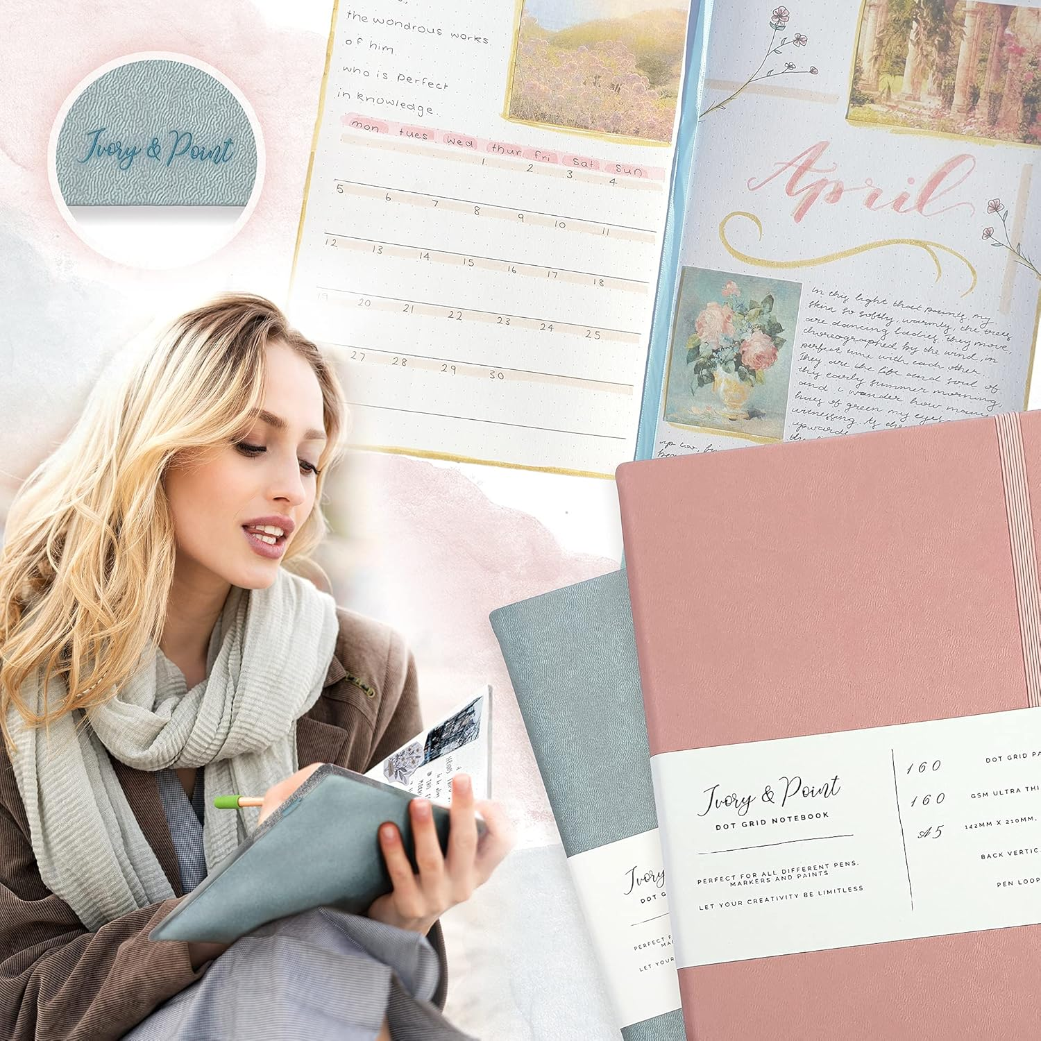 Ivory & Point - Improved Premium Quality Bullet Dotted Journal Notebook - 160 Pages, 160Gsm Bleed & Ghost Proof Thick White Paper - A5 Minimalist Art Dot Grid Notebook (Dusty Blue) - Sage Green image number 7