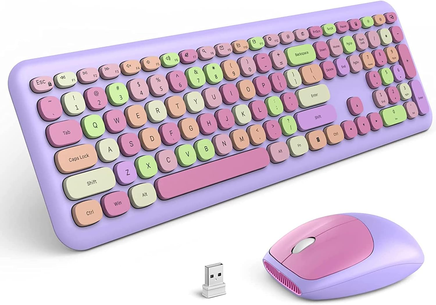 Youker Wireless Keyboard and Mouse Combo Retro Typewriter Keyboard 2.4Ghz USB Wireless Connection Colorful Keyboard with Stylish round Keys for Mac Windows 7/8/10/11 Laptop Desktop