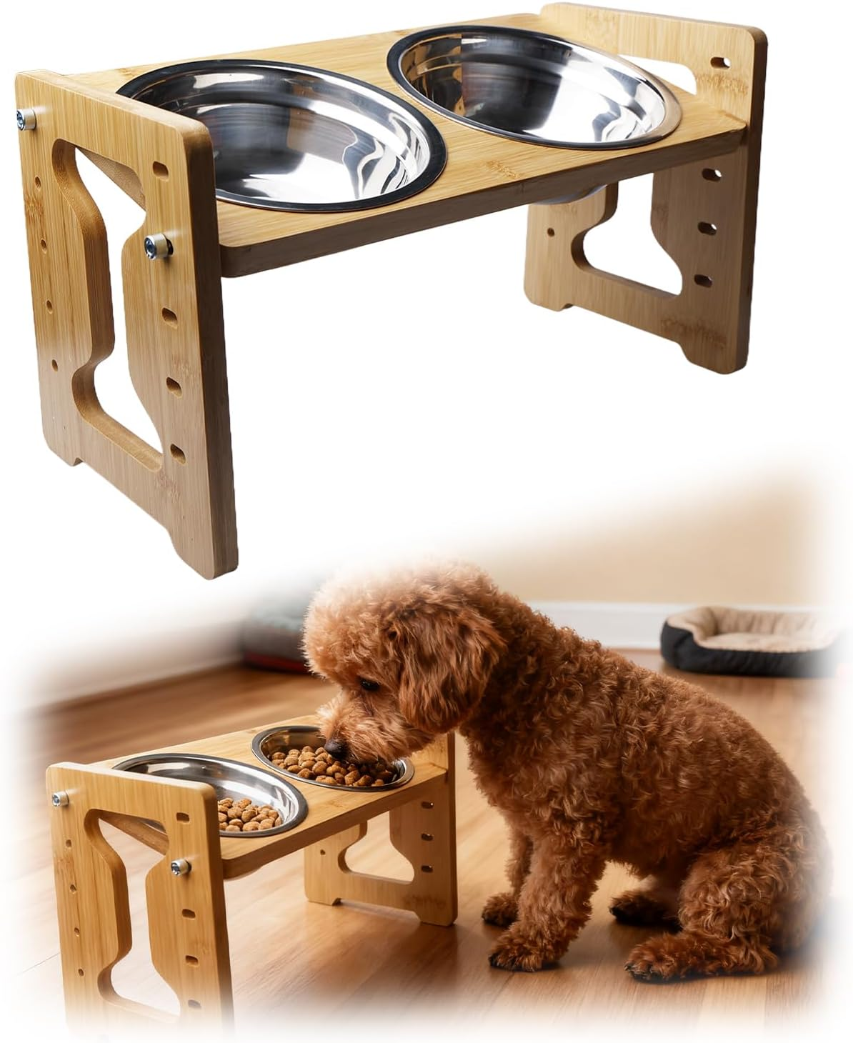 Aicharynic Raised Dog Bowl with Stand, Height Adjustable Feeding Bowl, Bamboo Feeding Station for Small Dogs and Cats, with 2 Stainless Steel Bowls