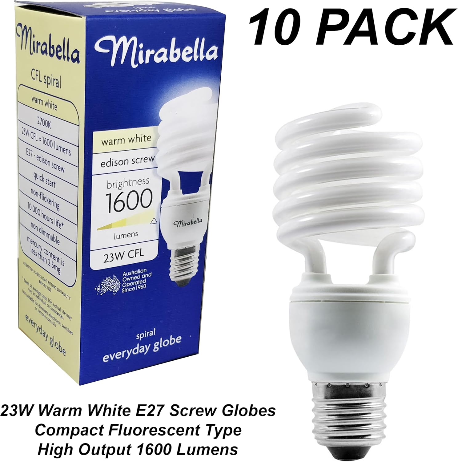 10 X 23W High Output CFL Globes Bulbs Warm White 2700K Screw Cap E27 Compact