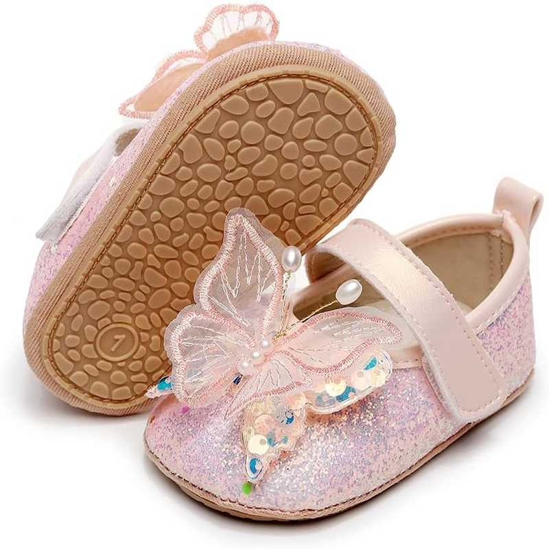 Clowora Infant Toddler Baby Girl Dress Shoes Mary Jane First Walking PU Leather Princess Wedding Rubber Sole Non-Slip with Bowknot Floral Flats image number 5