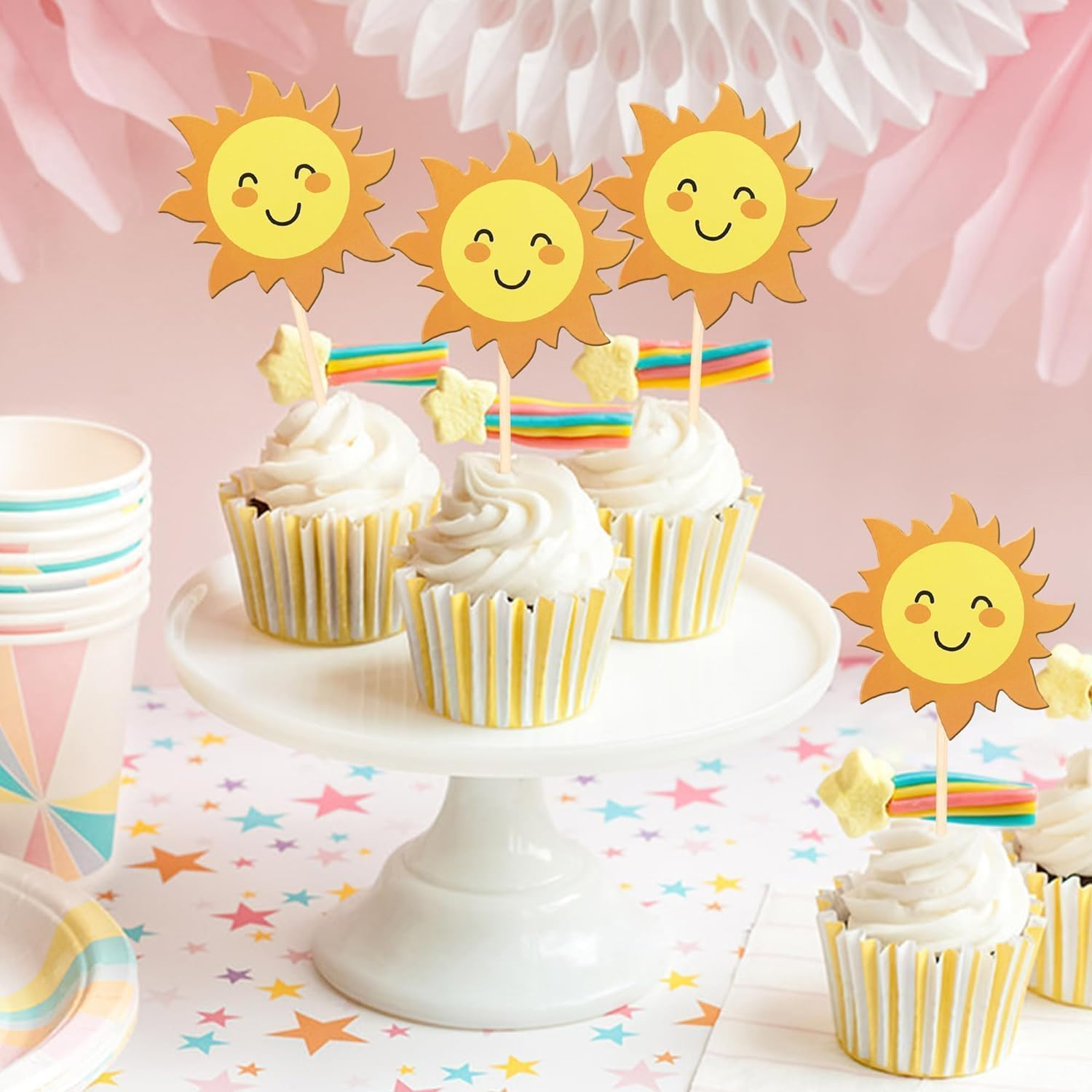 36 Pack Sun Cupcake Toppers Double Sided Sun Flower Smile Face Cupcake Picks Sunshine Cupcake Decorations for Sun Theme Baby Shower Kids Boys Girls Birthday Party Cake Decorations Supplies (Color-01) image number 6