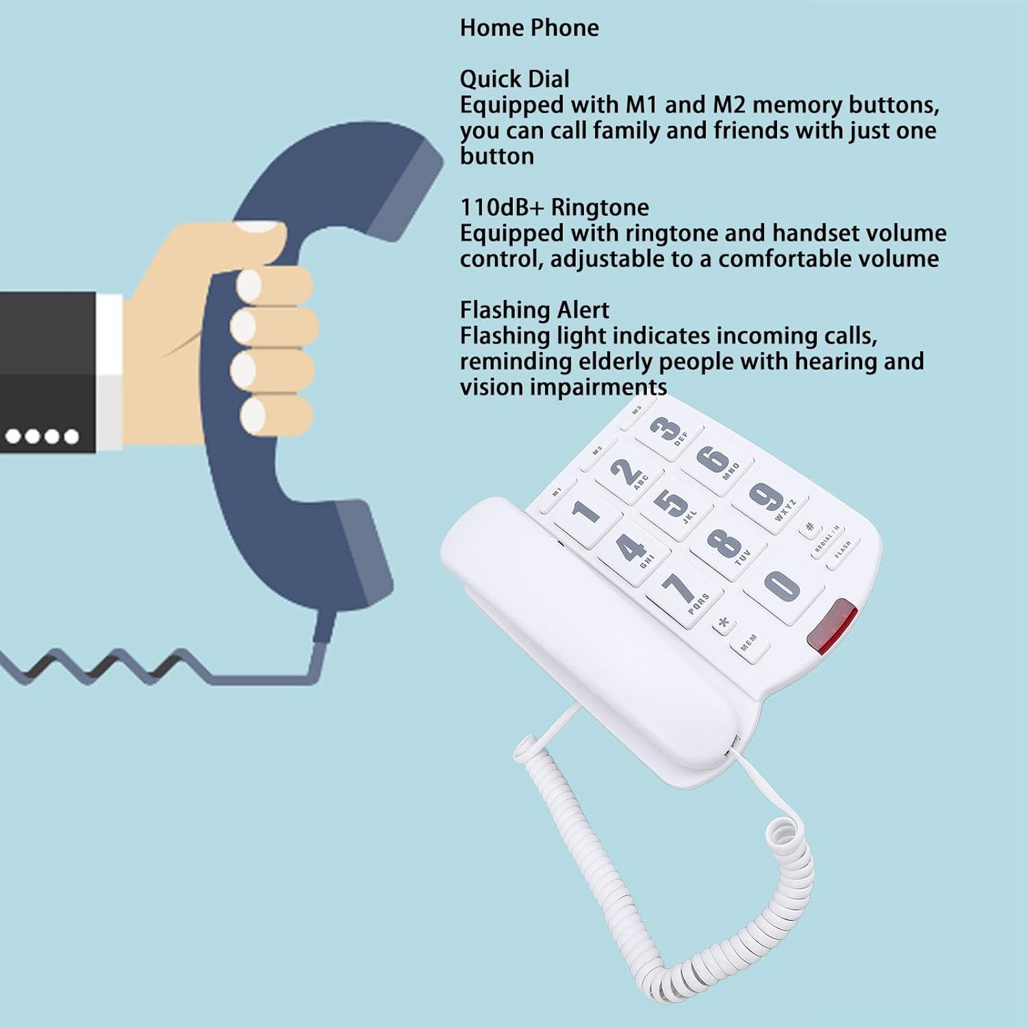 Corded Home Phone, Corded Phone with Speakerphone, Big Button Phone for Seniors, Volume Adjustable Corded Landline Telephone for Home Office (White) image number 3