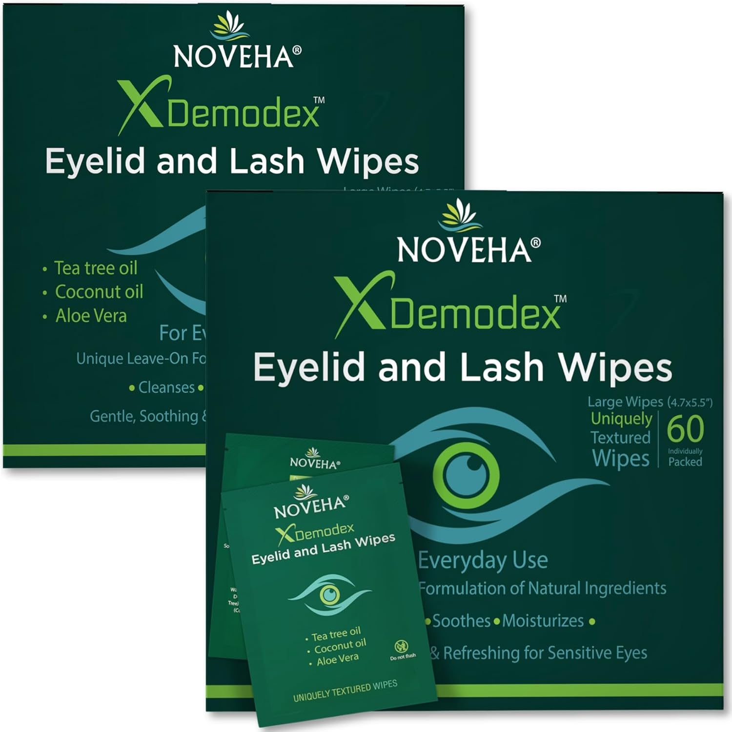 NOVEHA Demodex Eyelid & Lash Wipes | Box of 60 Individually Wrapped Extra Strength Cleansing Eyelash Wipes - Battle Itchy & Irritated Eyes Associated with Demodex Mites, Naturally Remove Debris image number 6