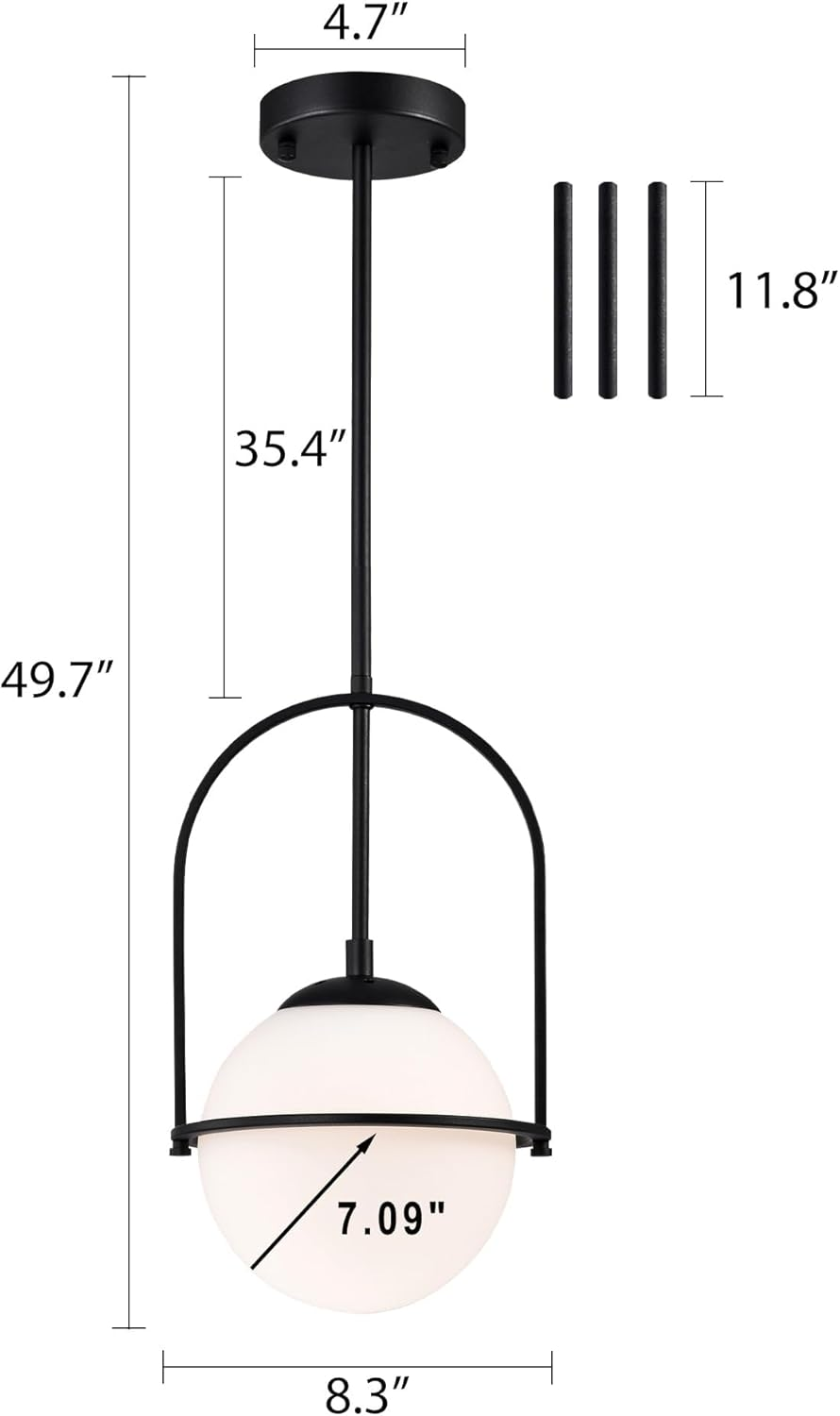 Black Globe Pendant Light, Mid Century Modern Hanging Light with 18 Cm (7.09") Glass Shade, Adjustable Pendant Light for Kitchen Island & Dining Room image number 4