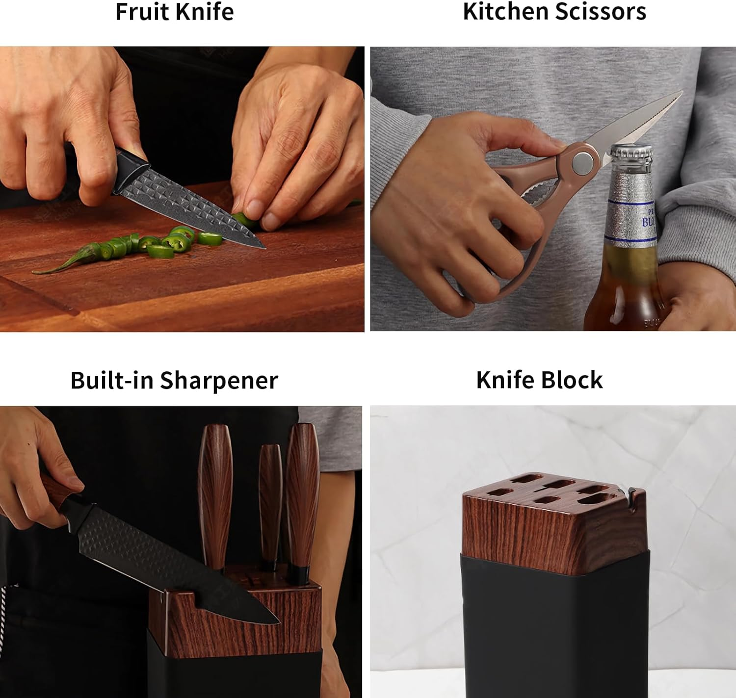 Knife Set, 7 PCS Stainless Steel Kitchen Knife Block Set with Built in Knife Sharpener, Black Non Stick Coated Knife, No Rust and Sharp Knife,Best Giftdark Brown Handle image number 1