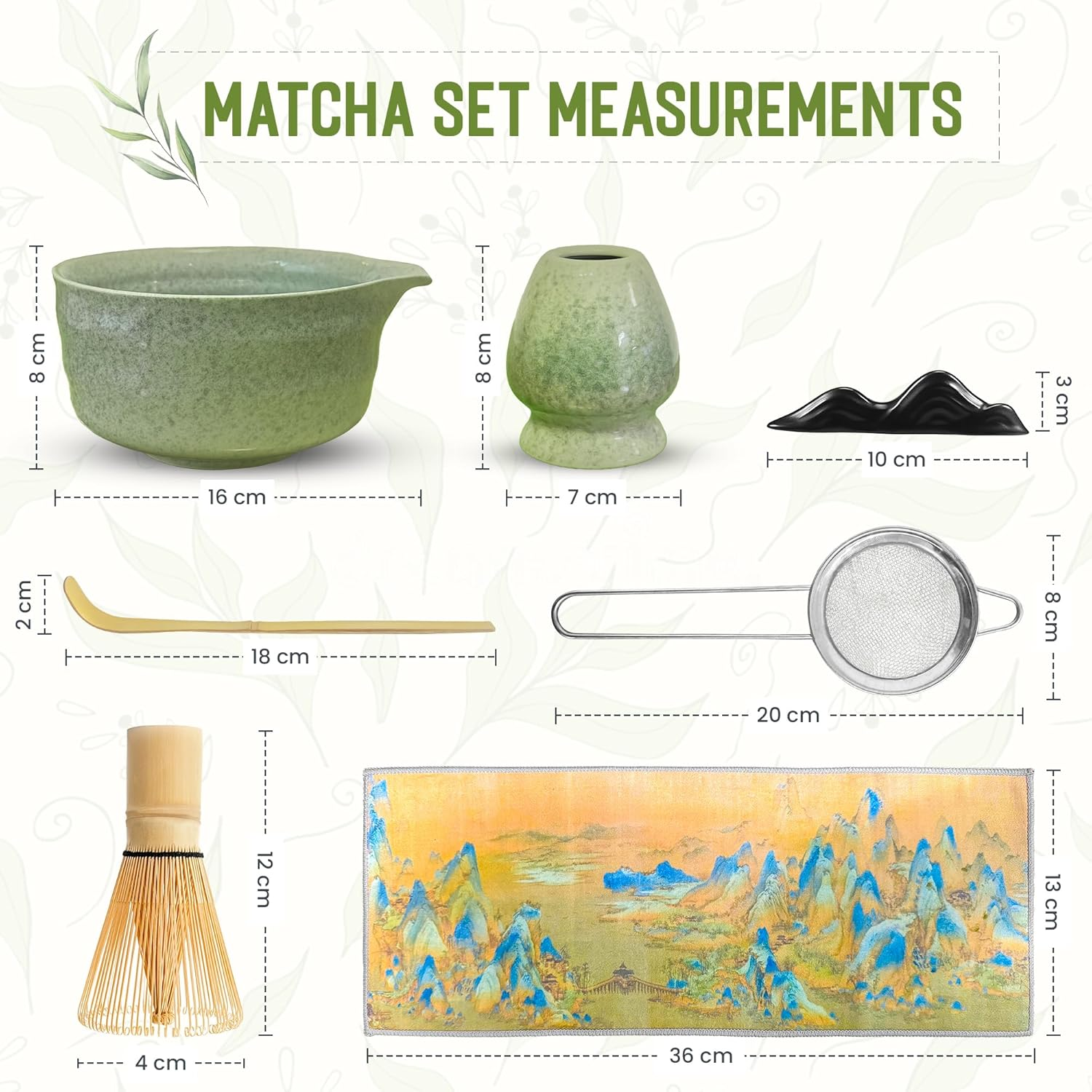 7PCS Premium Japanese Ceramic Matcha Whisk Set Traditional Ceremonial Matcha Kit Tea Set with Bowl, Bamboo Whisk, Sifter, Spoon, Whisk Holder, Tea Towel Best Gift Set for Men & Women Birthday/Wedding image number 4