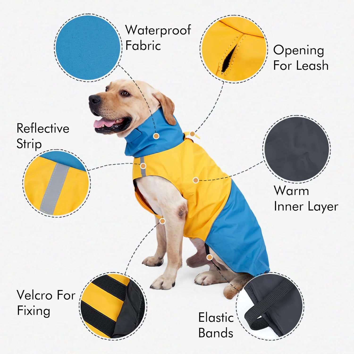 XXXL Warm Dog Coats - Windproof Winter Outdoor Jackets, Cold Weather Waterproof Raincoats with Leash Hole, Blue+Yellow image number 3
