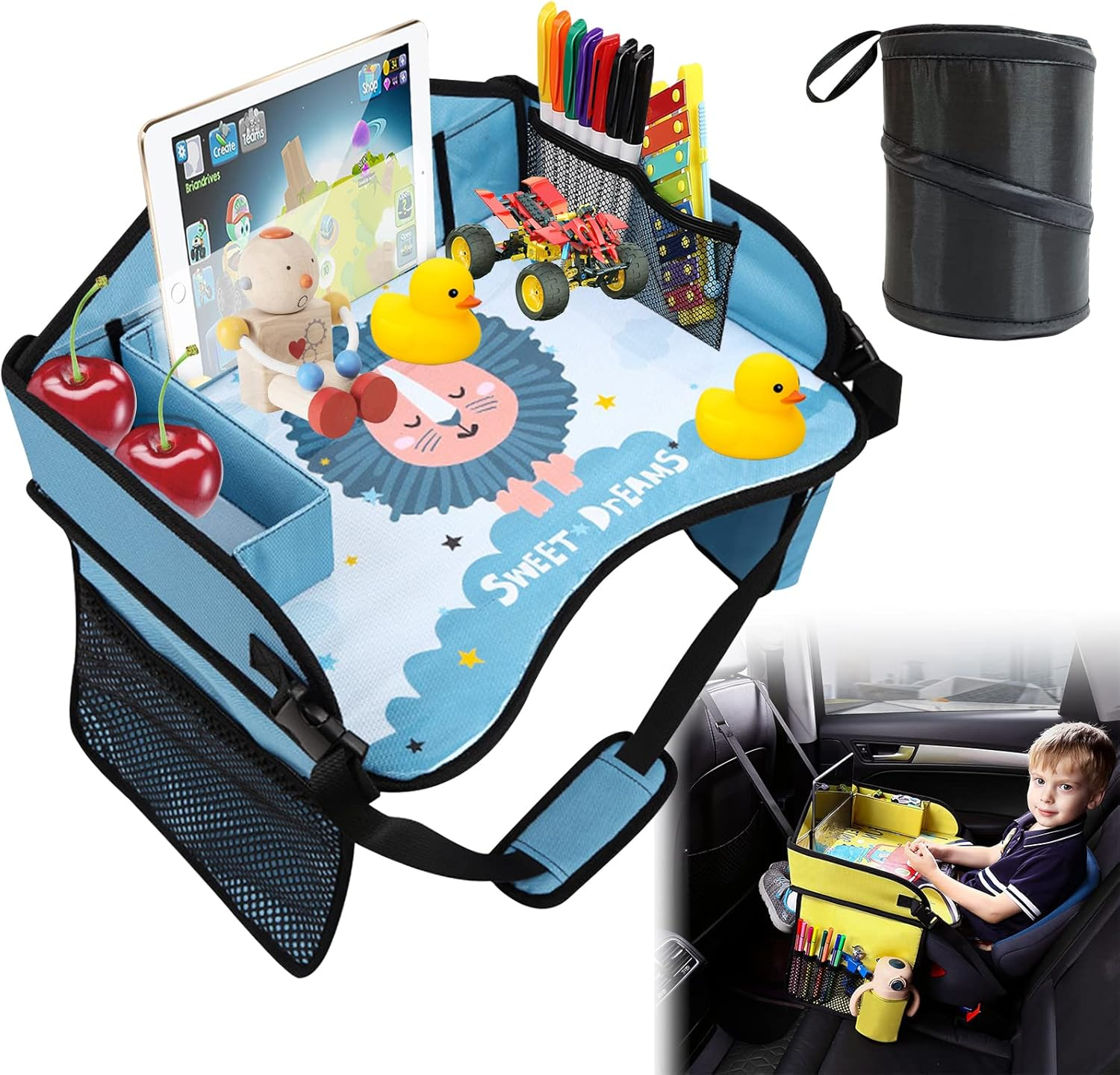 Kids Car Seat Organizer Travel Tray, Toddler Car Seat Play Tray Organizer, Portable Large Multifunction Backseat Tray Table Holder, Drawing, Food & Snack Lap Tray Carseat for Child (Pink)