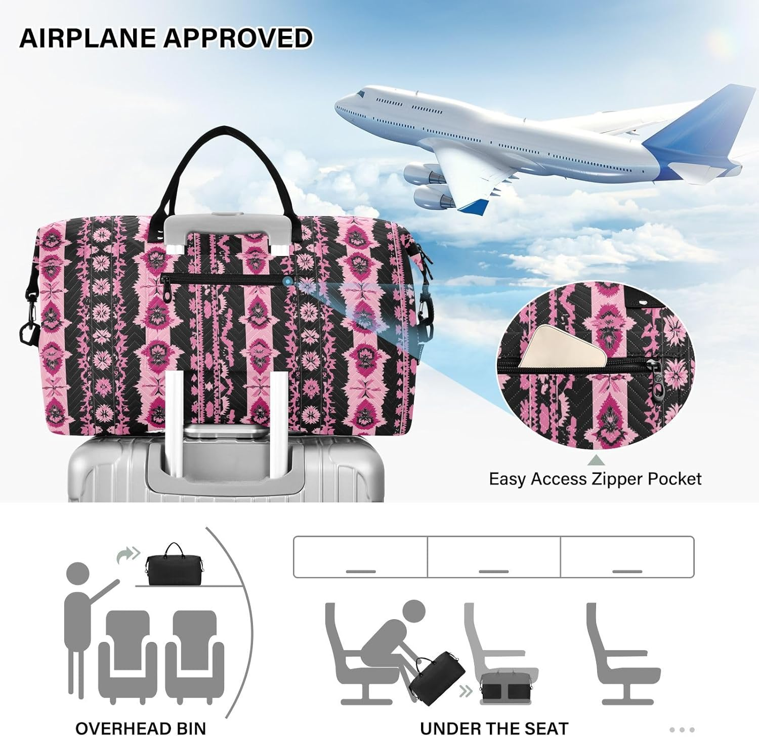 Duffel Bags Travel Weekender Gear Bag Gym Duffel Bag with Adjustable Strap for Trip Foldable, Vintage Boho Style Pattern Black and Pink image number 5