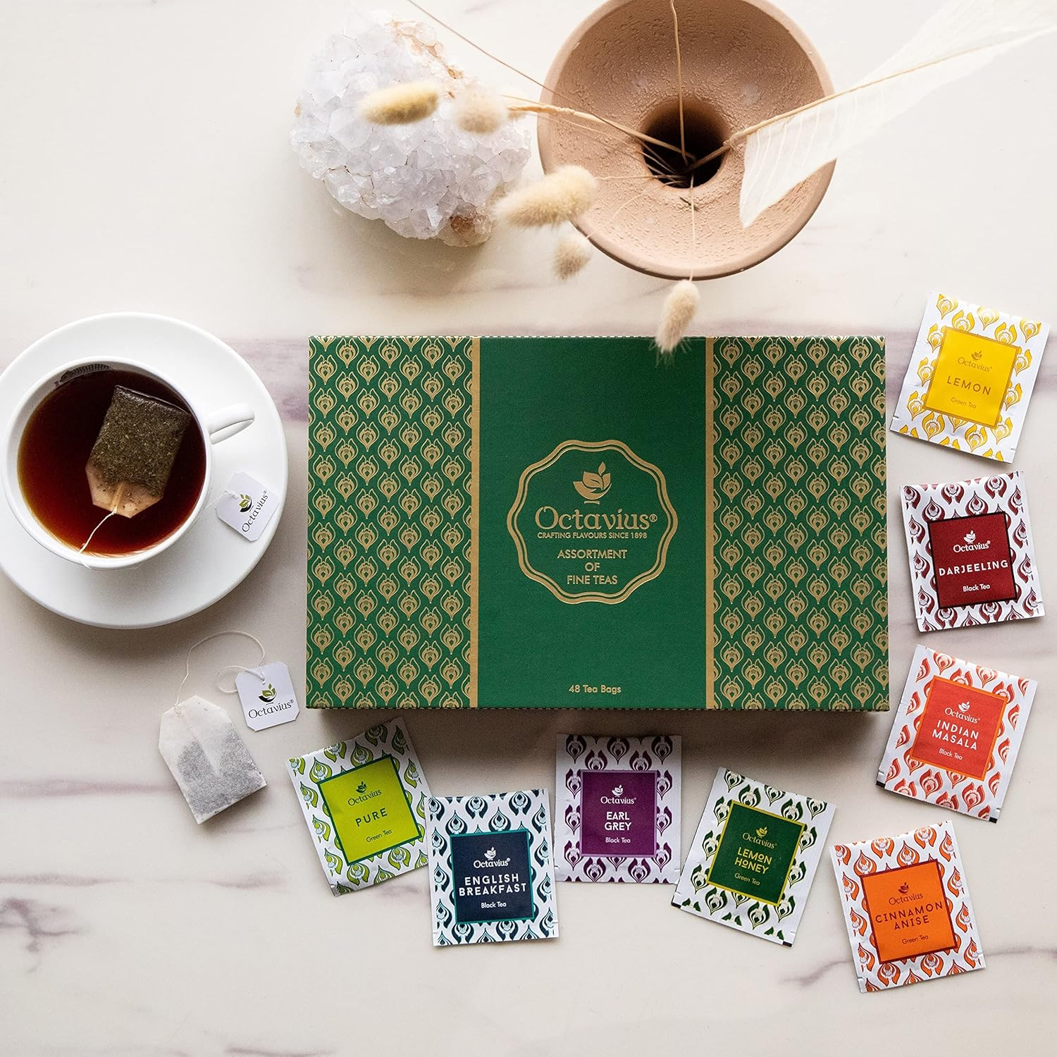 Octavius, Assorted Tea Sampler Gift Set (8 Flavors, 48 Tea Bags) | Black & Green Tea Sampler Pack | Tea Gift Set | Pack of 1 image number 5