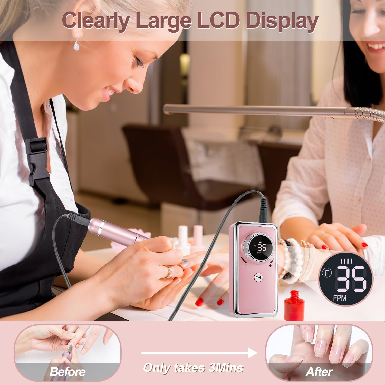 Electric Nail Drill Professional, 35000RPM Portable Efile Nail Drill with 11Pcs Nail Drill Bits, Rechargeable Nail Drill Machine with LCD Display for Acrylic Nail Remove Gel Polish for Home Salon Use image number 1