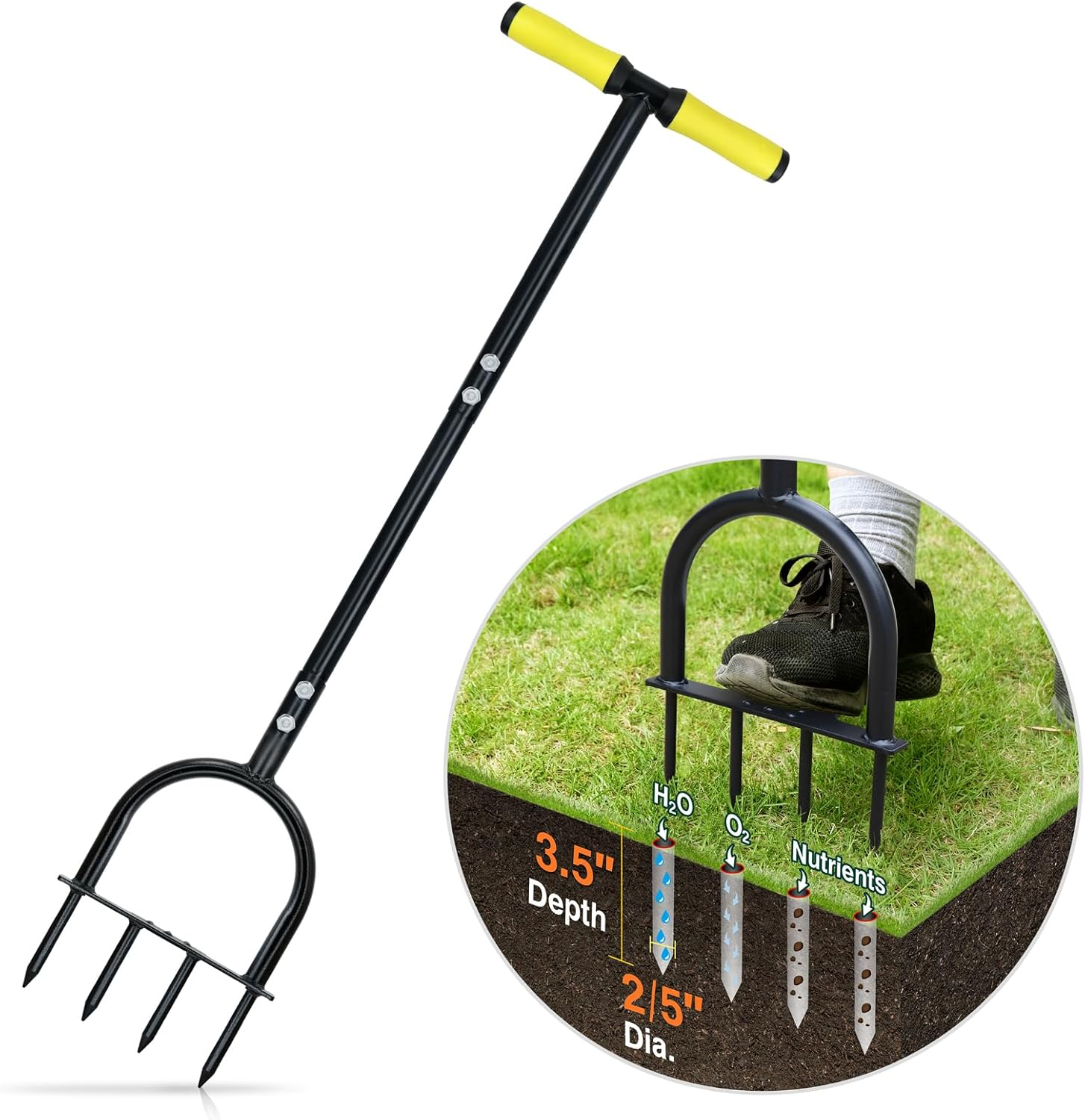 Colwelt Spike Lawn Aerator, Manual Aerator for Compacted Soils and Lawns, Non-Slip T-Handle Spike Aeration with Four 3.5-Inch Solid Steel Spikes, 38-Inch