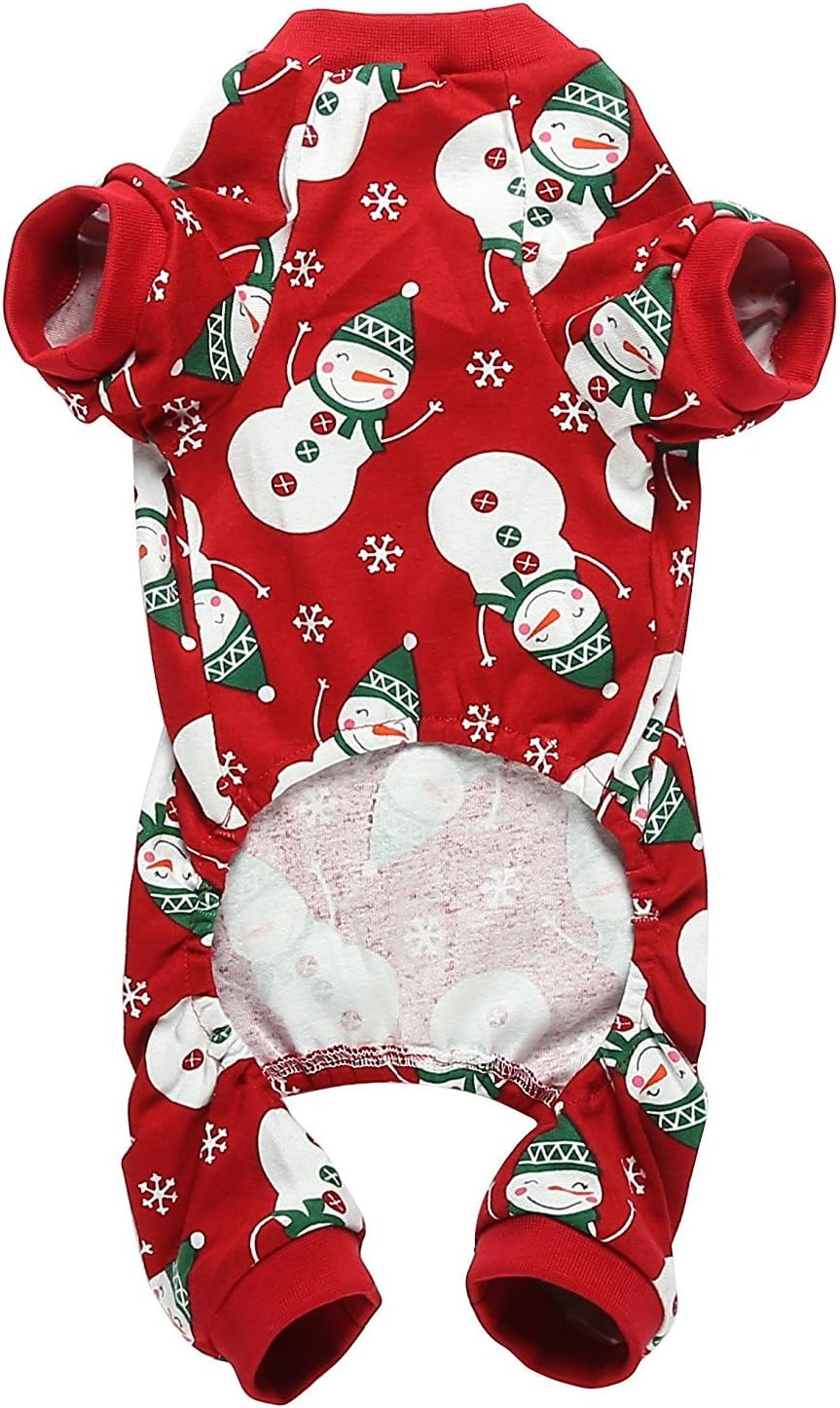 Lanyarco Cute Snowman Christmas Dog Pajamas, Soft Cotton Xmas Christmas Pajamas for Dogs Holiday Pet Clothes Onesie PJS, Red Medium Back Length 15" image number 6