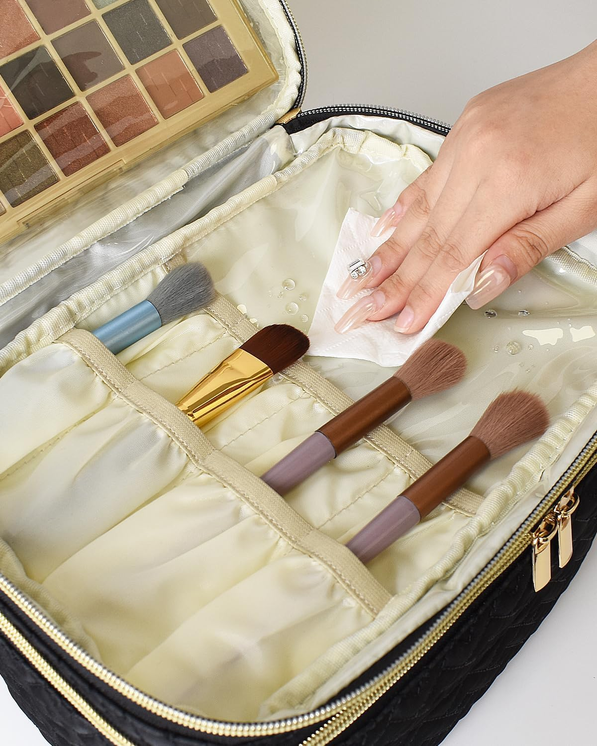 Makeup Bag Organiser for Women, Large Double Layer Cosmetic Make up Bag with Brush Compartment, Portable and Water-Resistant Toiletry Bag Travel Essentials, Black image number 5