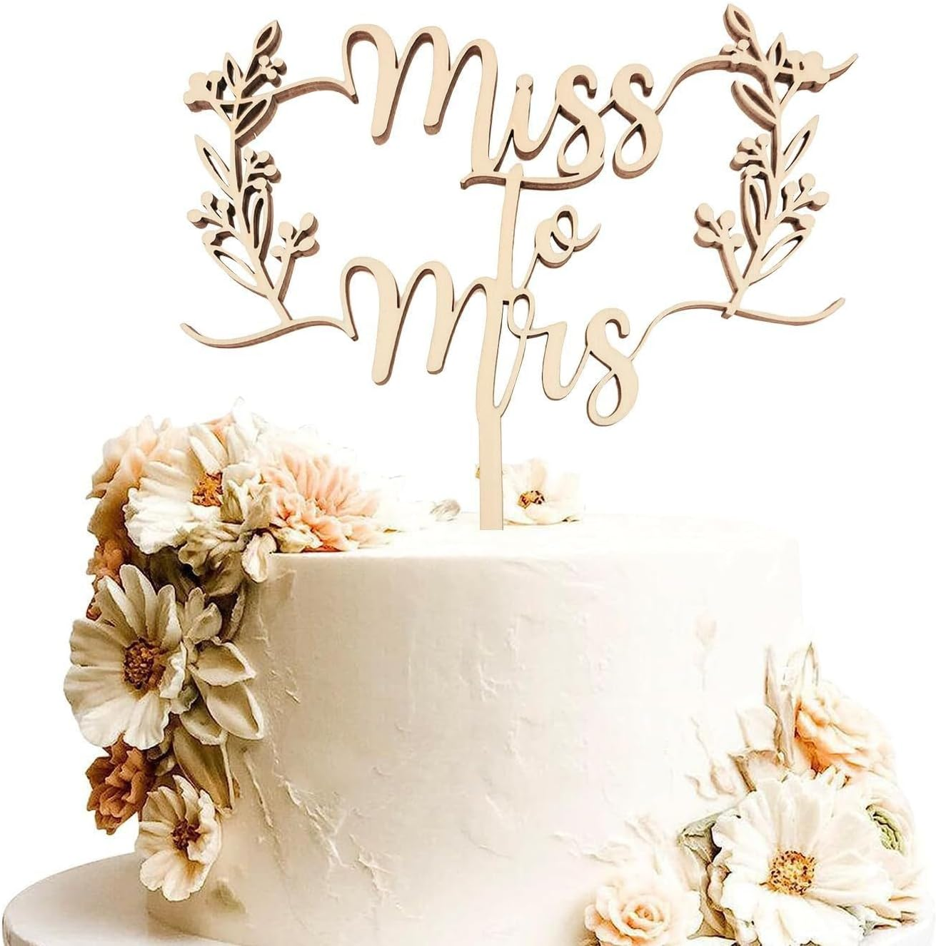 Miss to Mrs. Bride Wedding Cake Top, Elegant Wooden Flower Design, Suitable for Rural Wedding Party Decoration, Perfect for Bridal Shower and Celebration Cake Decoration image number 1