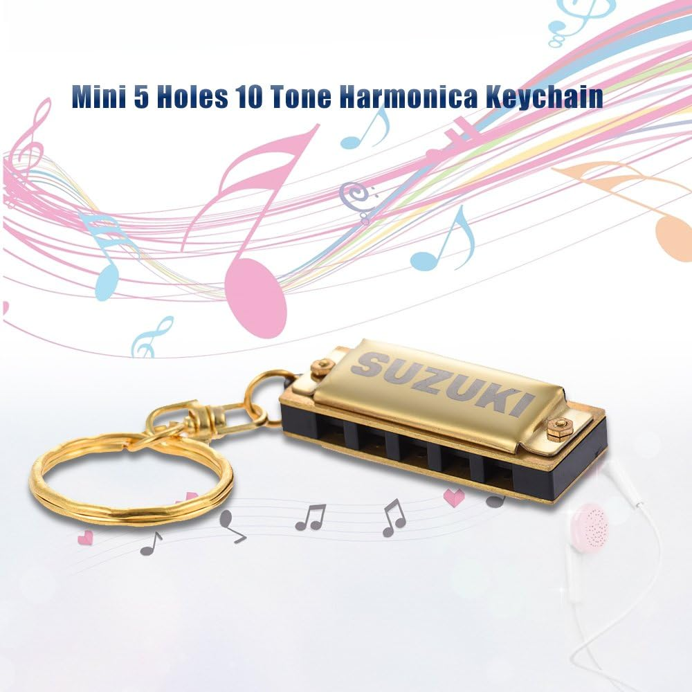 Suzuki Mini 5 Holes 10 Tone Harmonica Keychain Key of C Golden image number 1