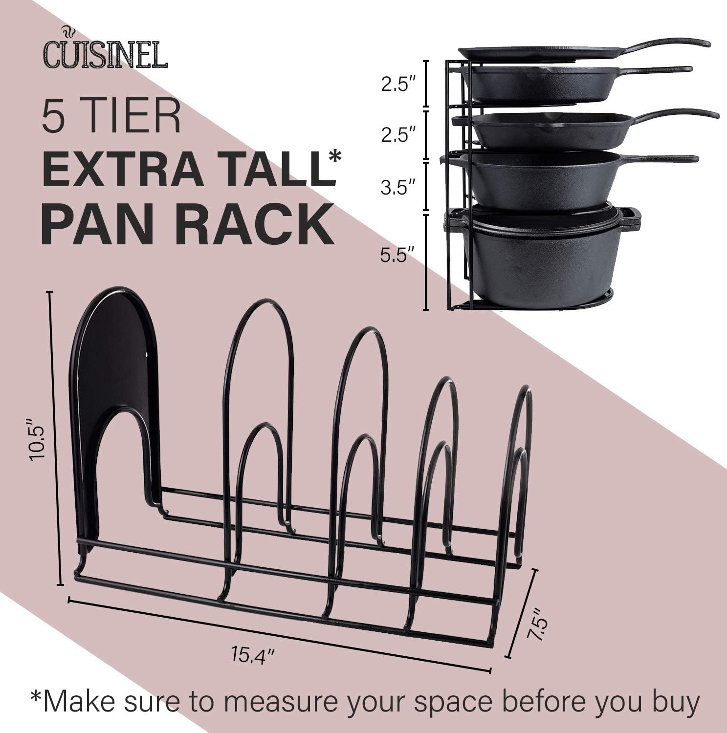 Heavy Duty Pan Organizer, Extra Large 5 Tier Rack - Holds a Dutch Oven - Durable Steel Construction - Space Saving Kitchen Storage - No Assembly Required - Black. 15-Inch image number 2