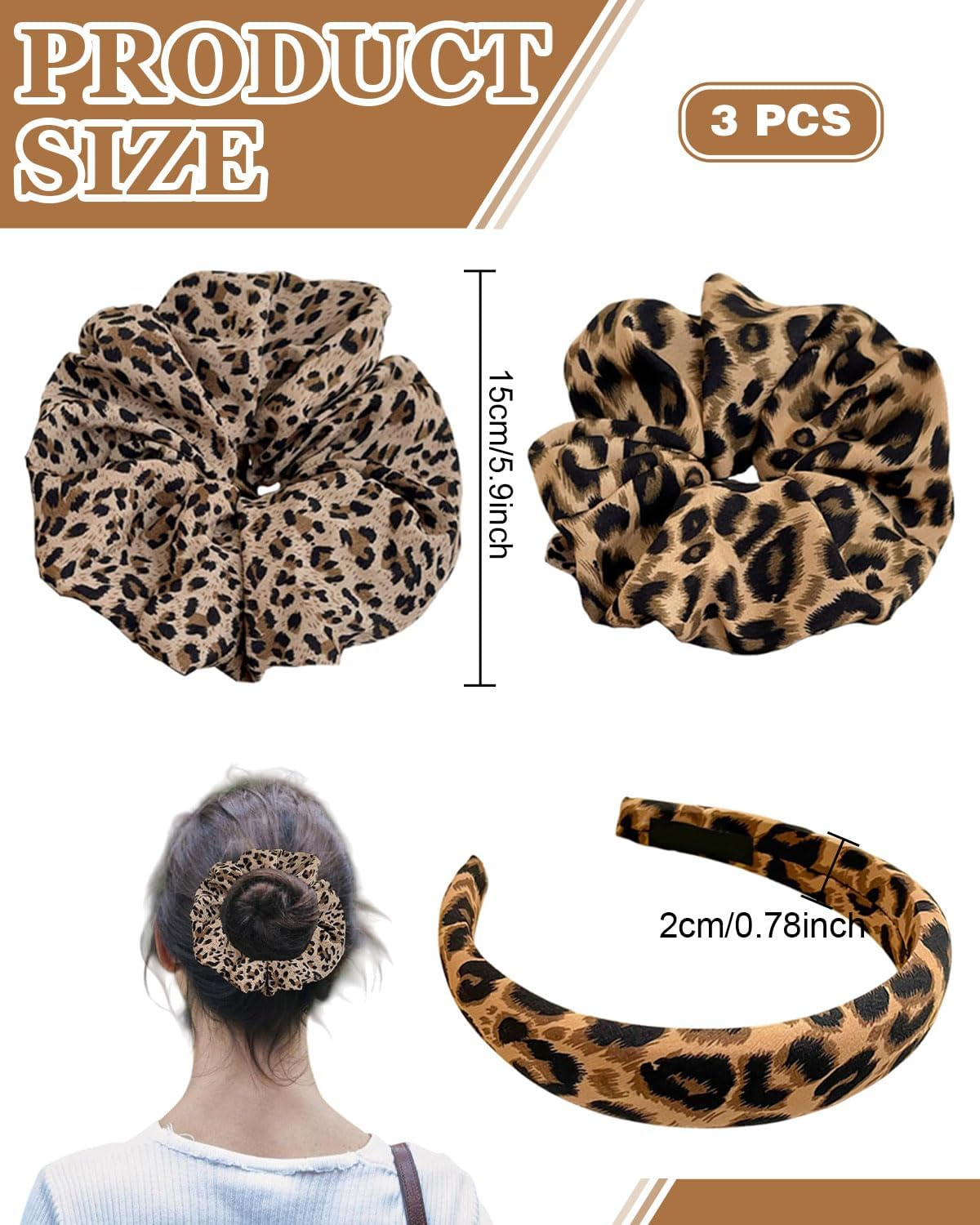 JUKOTA 2 X Hair Bands for Women Leopard Print Scrunchies Strong Hold Hair Bobbles Extra Large Scrunchie for Thick Hair, Leopard Print, Scrunchies, with 1 Leopard Headband, Hair Band image number 4