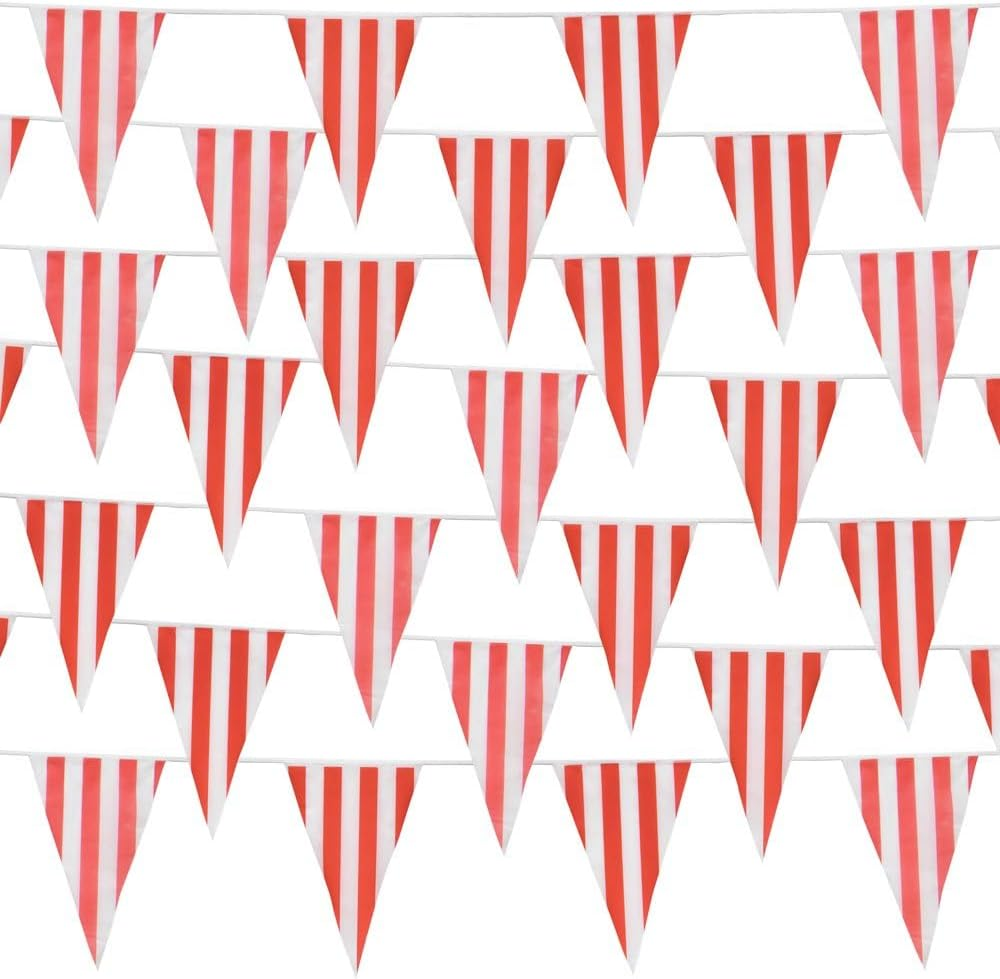 Red and White Pennant Banner Flags,100Ft 48 Pcs Large Bunting String Triangle Flags,Red White Striped Pennant Banner Flags Triangle Bunting Flags,Triangular Flag Banner Flag Pennant Banner Flags image number 2