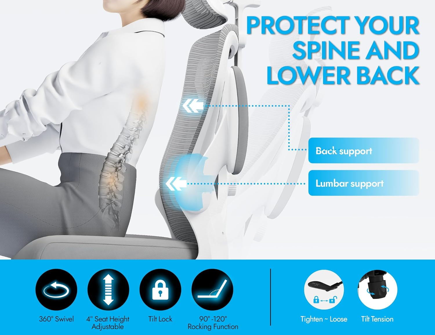 Ergonomic Office Chair - Office Chair Mesh High Back Gaming Chair with Adjustable Lumbar Support & Headrest Home Desk Chairs - Computer Desk Chairs Comfy Comfortable for Long Hours (Grey)