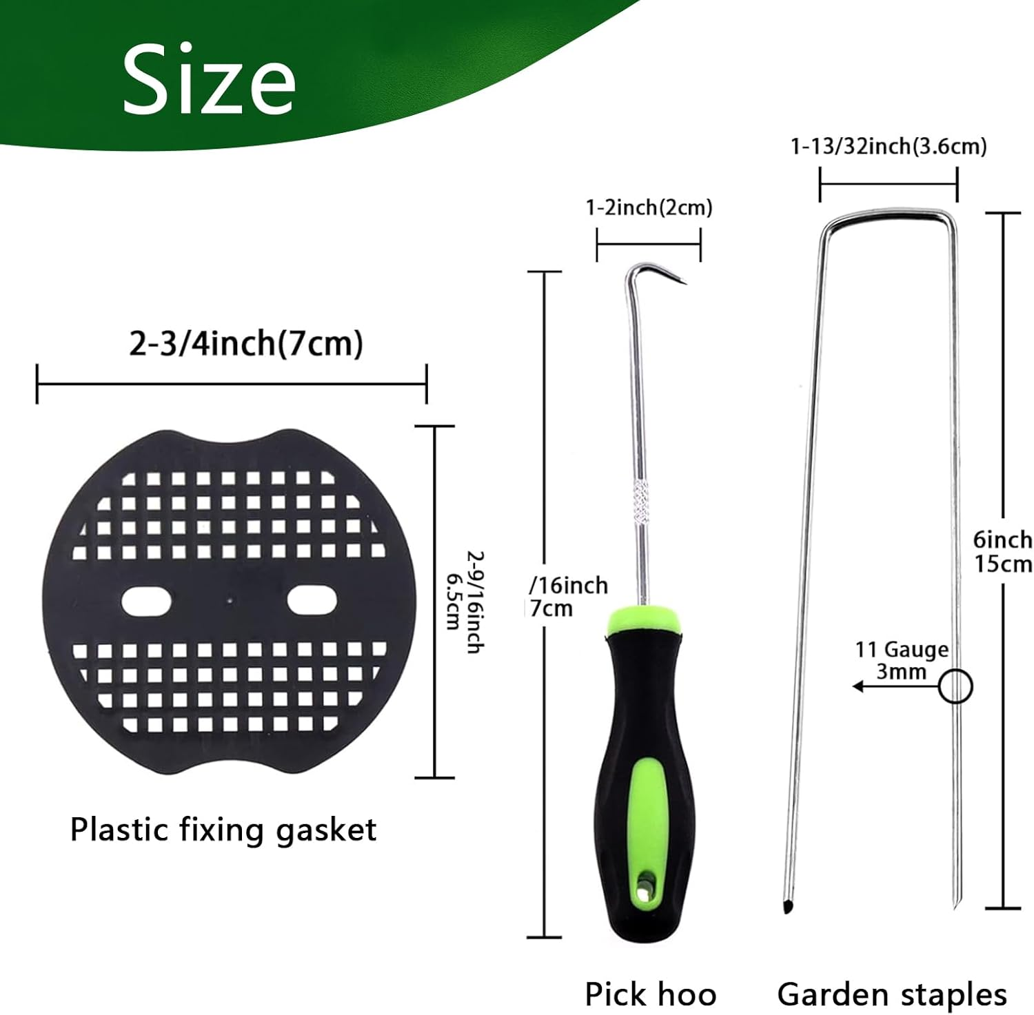 Garden Stakes, 6 Inch 11 Gauge 100Pcs Galvanized Landscape Staples + 100Pcs Plastic Gaskets + 1 Pick Hook, Heavy Duty Sod Pins Landscape Pins Lawn Stakes for Weed Barrier Fabric, Ground Cover, Fence