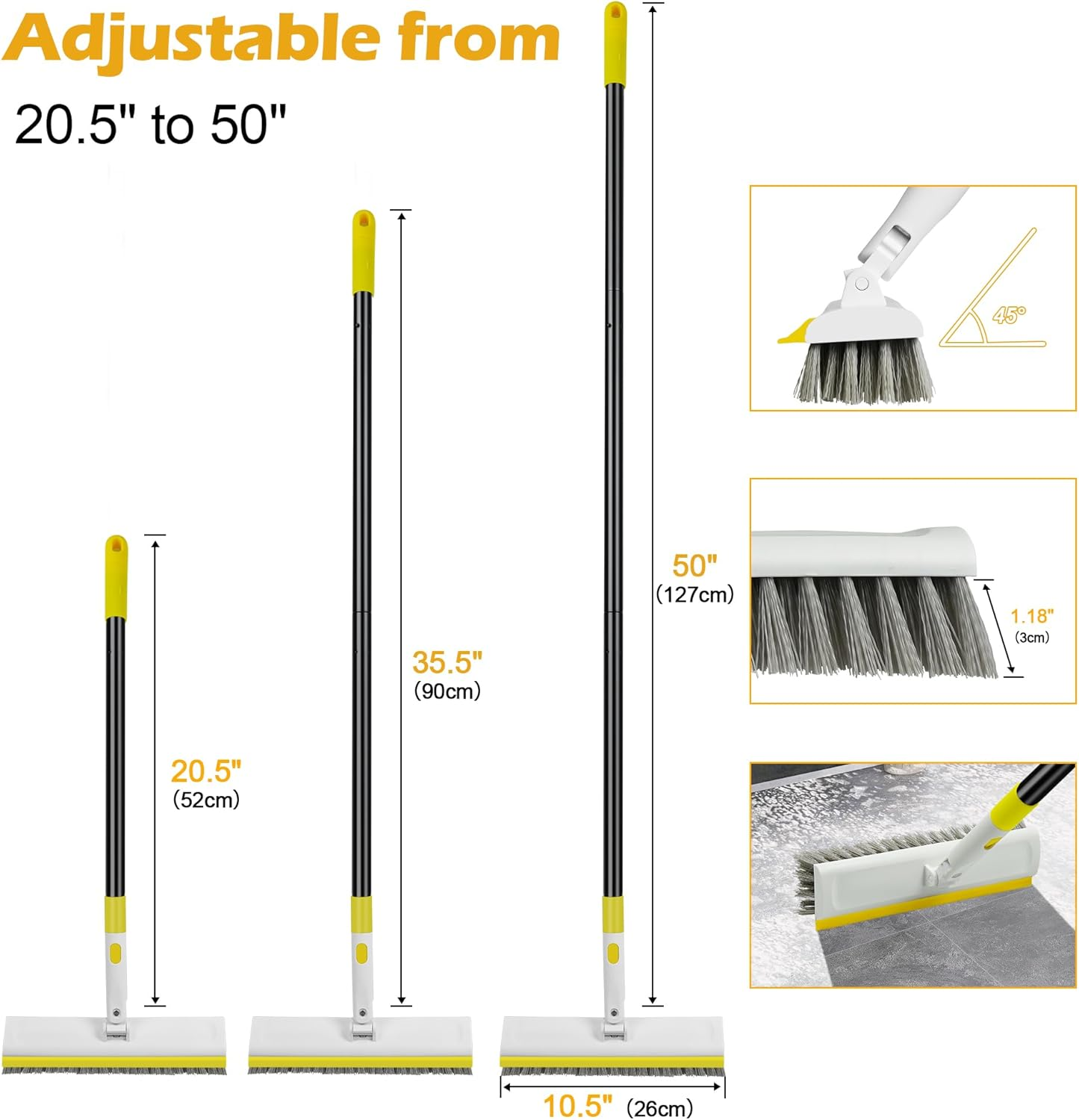 DALIPER Floor Scrub Brush with 50" Long Handle for Cleaning, 2 in 1 Scrape Scrubber Brush with Squeegee, 180&deg; Rotating Tile Tub Scrub Brushes Attachment for Clean Bathroom Deck Kitchen and Floor Wall image number 2