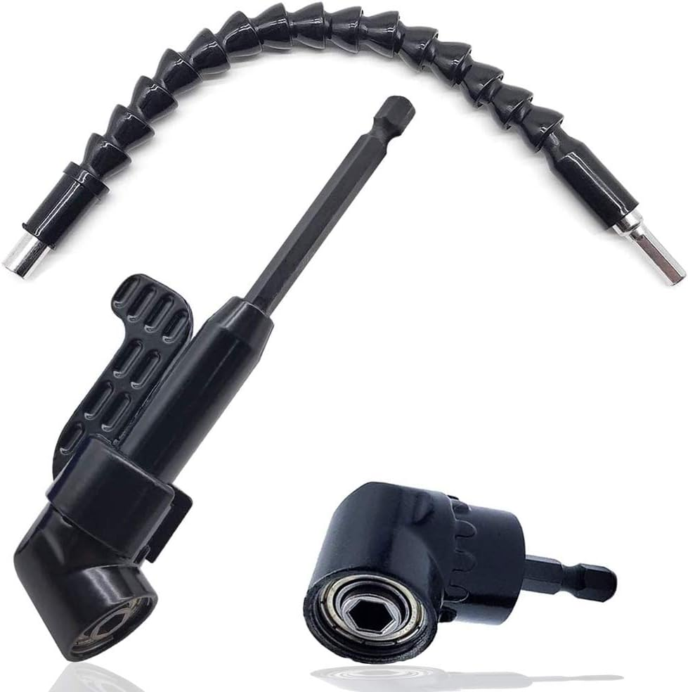 QISF 2Pcs Black 105 Degree 1/4 Inch Right Angle Drill Adapter Hex Shank Screwdriver Angled Bit Holder Extension Power Drill Tool + 1/4 Inch Hexagon Flexible Screwdriver & Drill Extension Soft Shaft