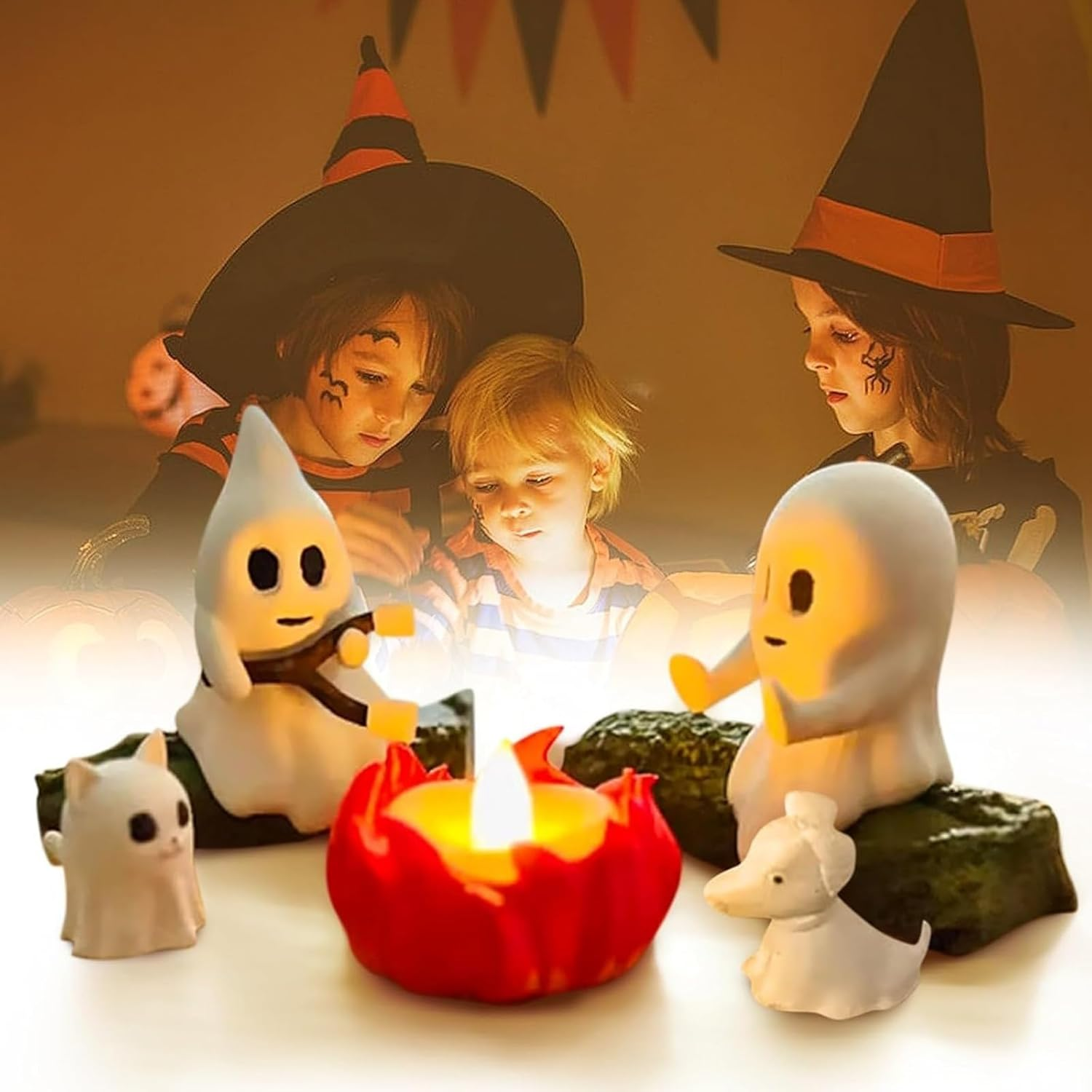Halloween Ghost Bonfire Decoration, Night Light, Resin Ghost Decoration with Flashing LED, Halloween Decoration, Cute and Comfortable Ghost Statue, Suitable for Home or Desk (Cats and Dogs) (A) image number 4