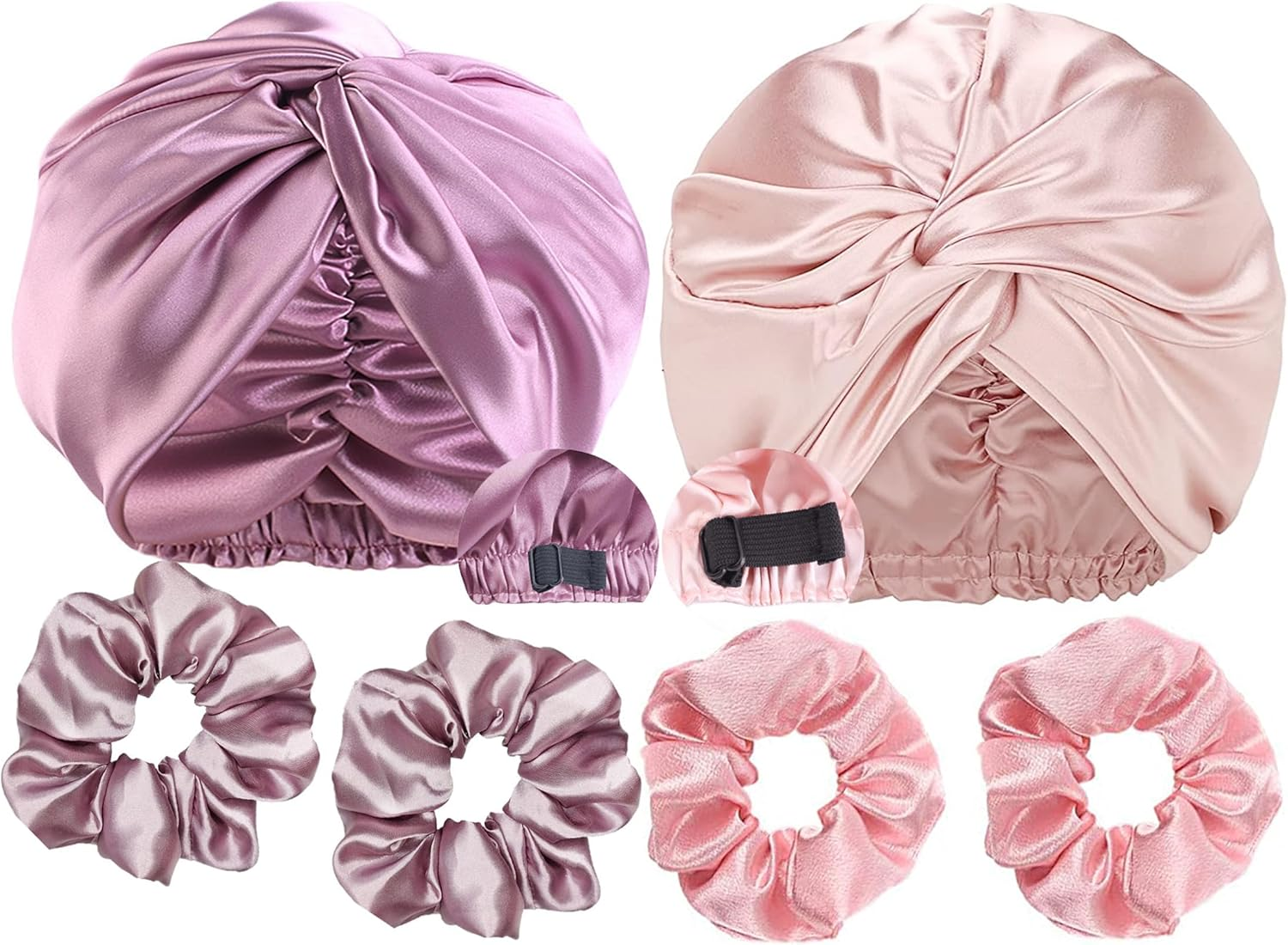 YBVABE Satin Bonnet and Scrunchies Set - Multipurpose Hair Cap and Shower Cap - 6Pack Silk Satin Accessories for Hair Protection and Style Preservation - Haircare Accessories for Women (Rose Gold & Purple) - Rose Gold  Black image number 3
