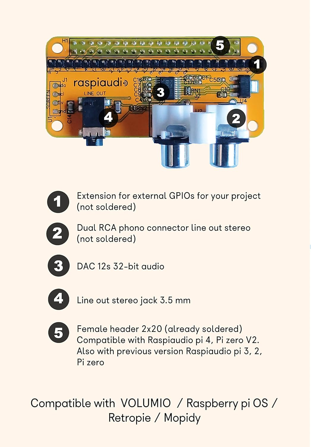 RASPIAUDIO Audio DAC Hat Sound Card (Audio+V2) for Raspberry PI5 All Models Pi4 /Pi Zero / Pi3 / Pi3B / Pi3B+ / Better Quality than USB image number 5