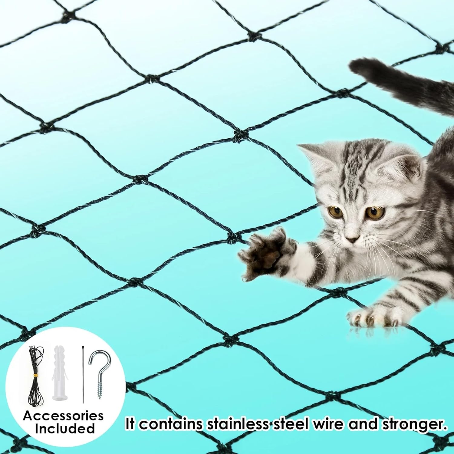 NEWFUN Cat Net for Balcony, 10 X 3 M Balcony Net for Cats, Cat Net Balcony, Sturdy, Durable, Weatherproof Cat Protection Net with Mounting Cords, Pegs and Cable Ties, Cat Net Balcony image number 5