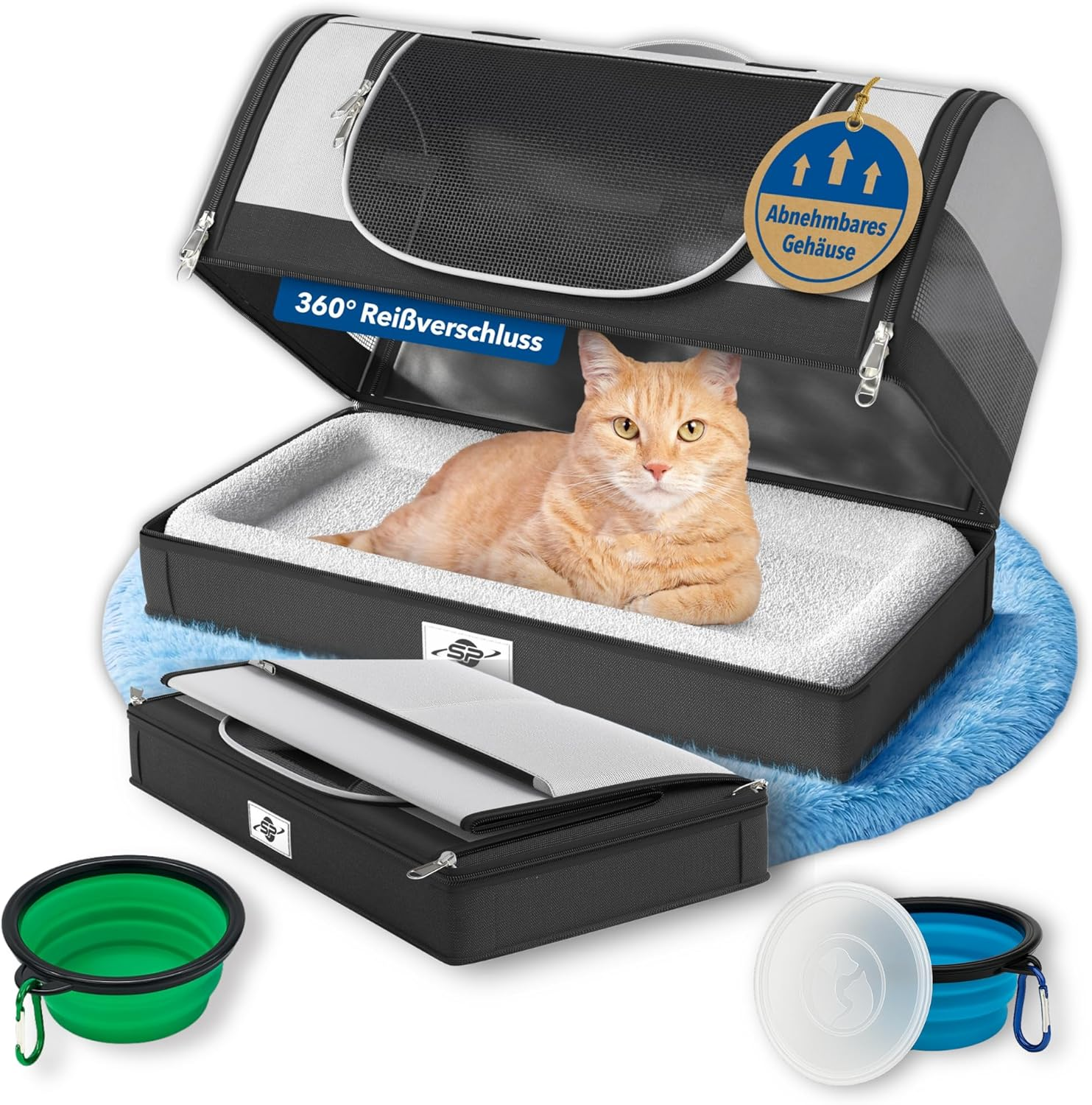 Foldable & Stable Cat Transport Box with Removable Base - Transport Bag for Cats and Small Dogs up to 8 Kg Including 2 Bowls, Shoulder Strap, Safety Lead, Ventilation, Reflectors image number 4