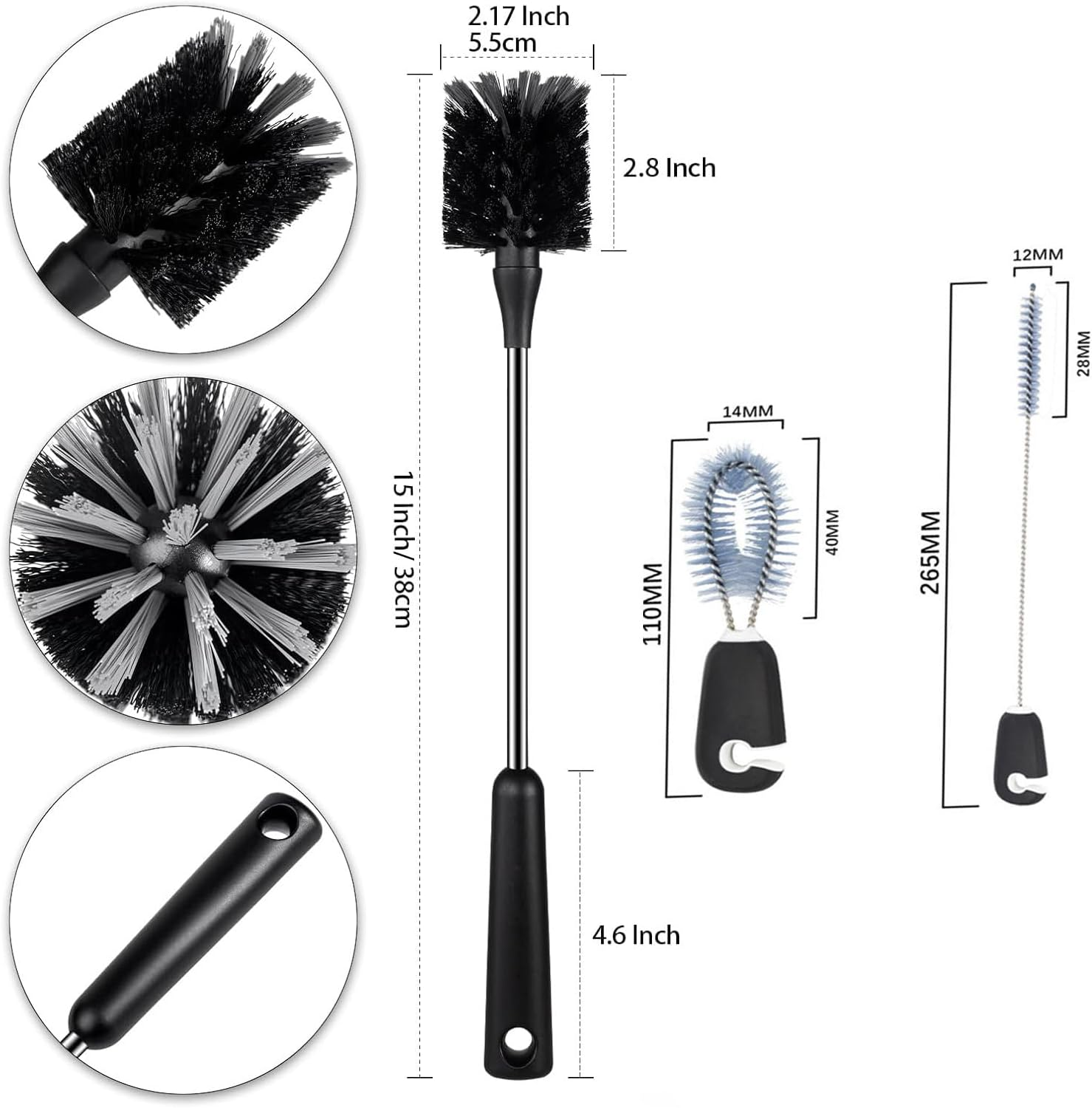 Water Bottle Brush: 3-Piece Set with Bottle Brush, Straw Brush, Lid Brush. Stainless Steel Handle, 15-Inch Long, Ideal for Cups, Wine Glasses, Mugs&mdash;Practical Kitchen Cleaning Tools, Black. image number 3