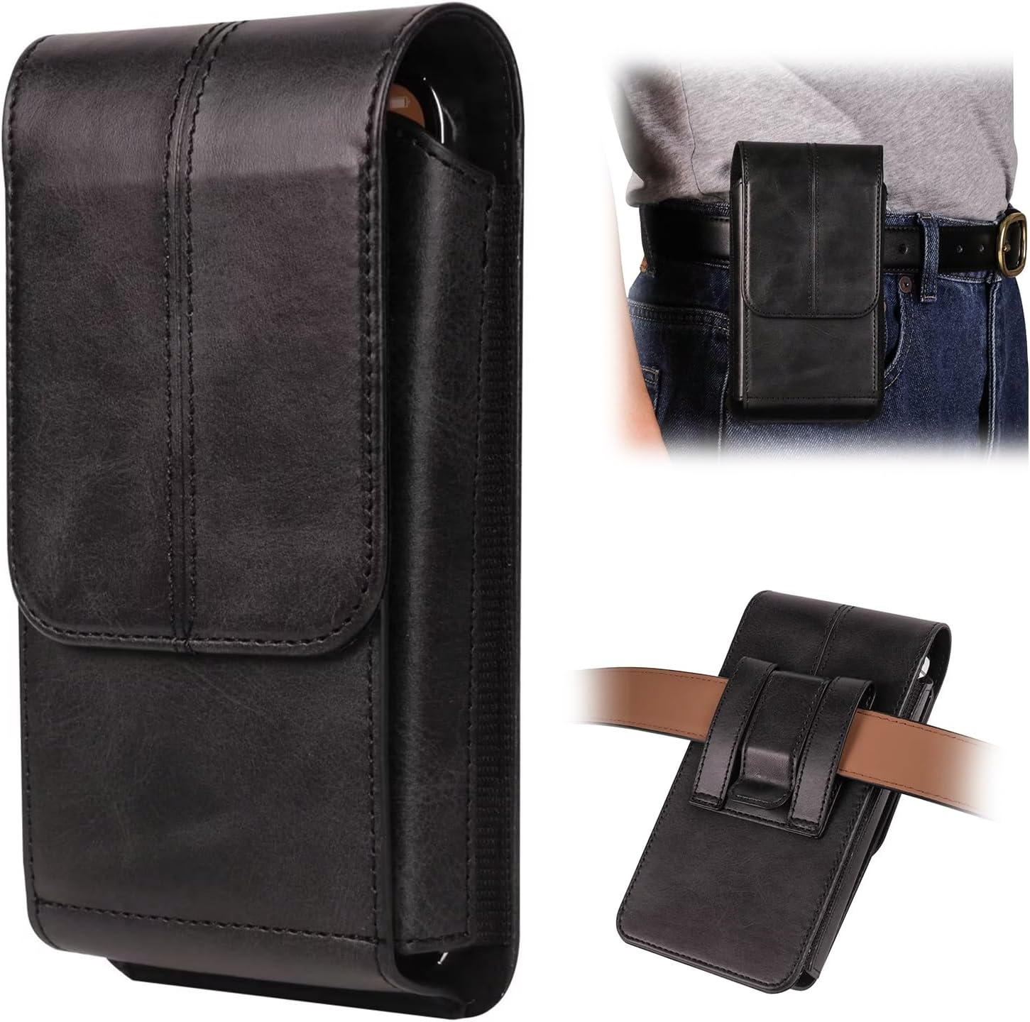 Cell Phone Pouch Leather Belt Holster Case Compatible with Samsung Galaxy S25/S24/S23/S22/S21/S20 Ultra, Cell Phone Belt Holder with Clip & Card Slots for Men Women Pouch Phone Sleeve Waist Bag, Brown