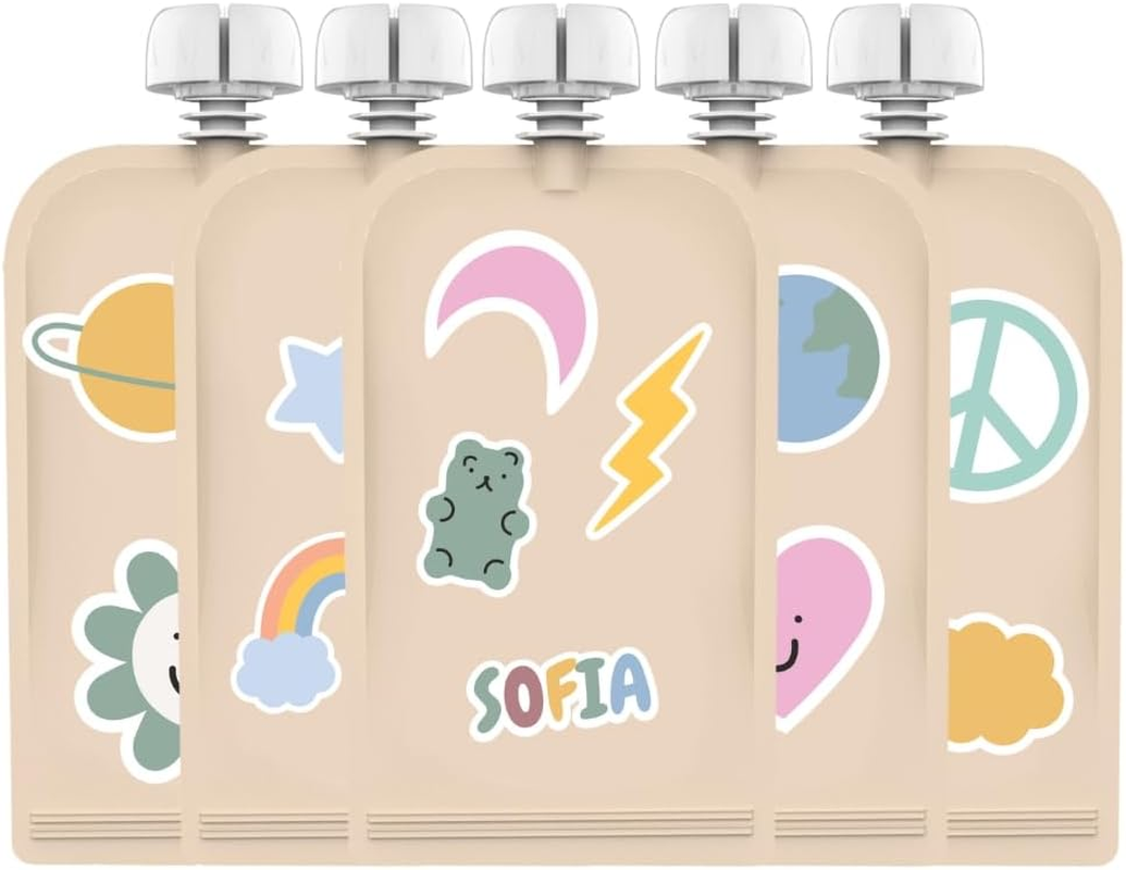 Cherub Baby Refillable Baby Food Pouches 150Ml, Non-Spill, Bpa-Free Leak Proof Yoghurt Smoothie Puree Snack Storage for Toddlers, Freezer Safe Dishwasher Safe, 5 Pack Retro Rainbow with Stickers image number 1