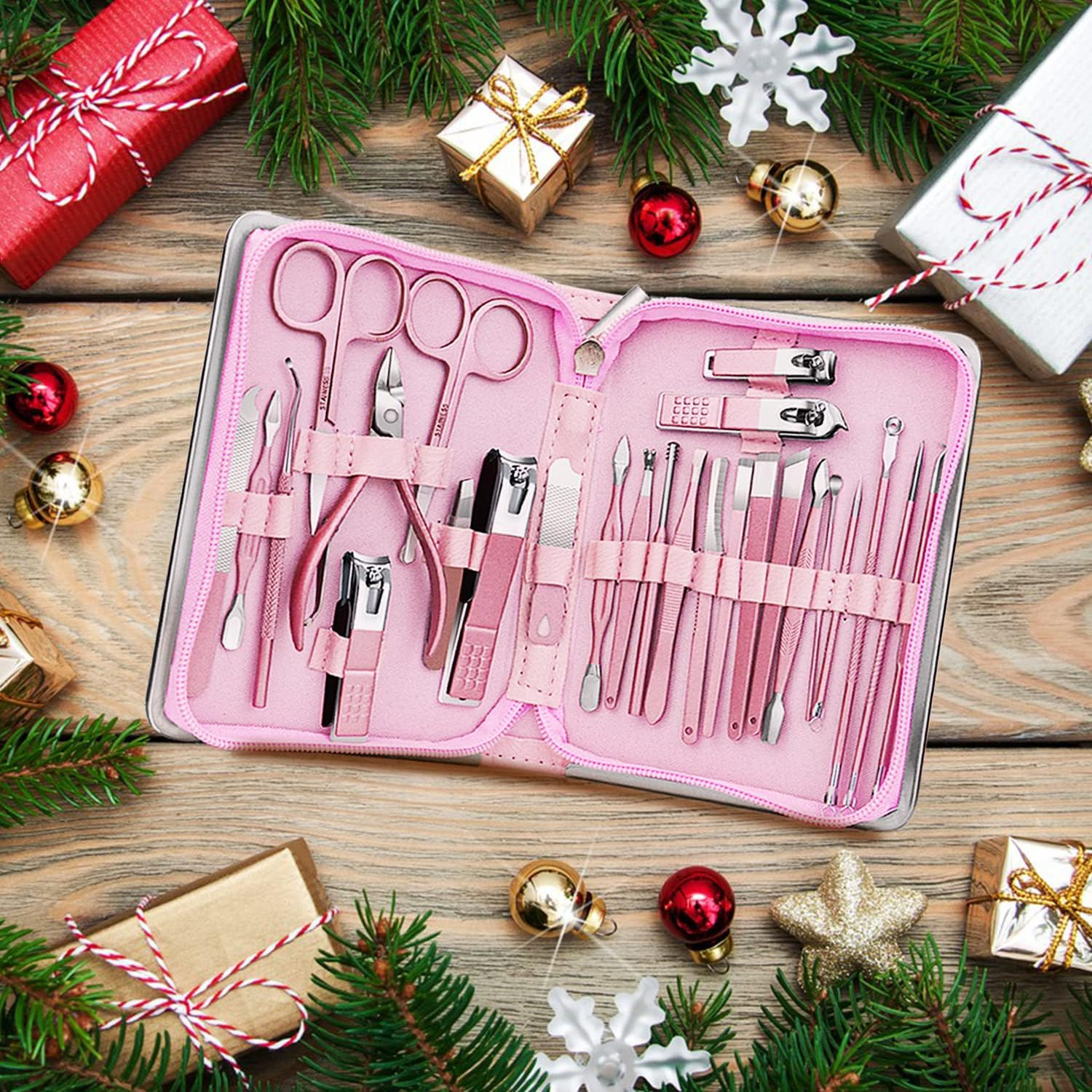 Professional Manicure Kit - 26 in 1 Pedicure Kit with Nail Clippers, Stainless Steel Nail Care Set for Women - Pink - Black image number 7