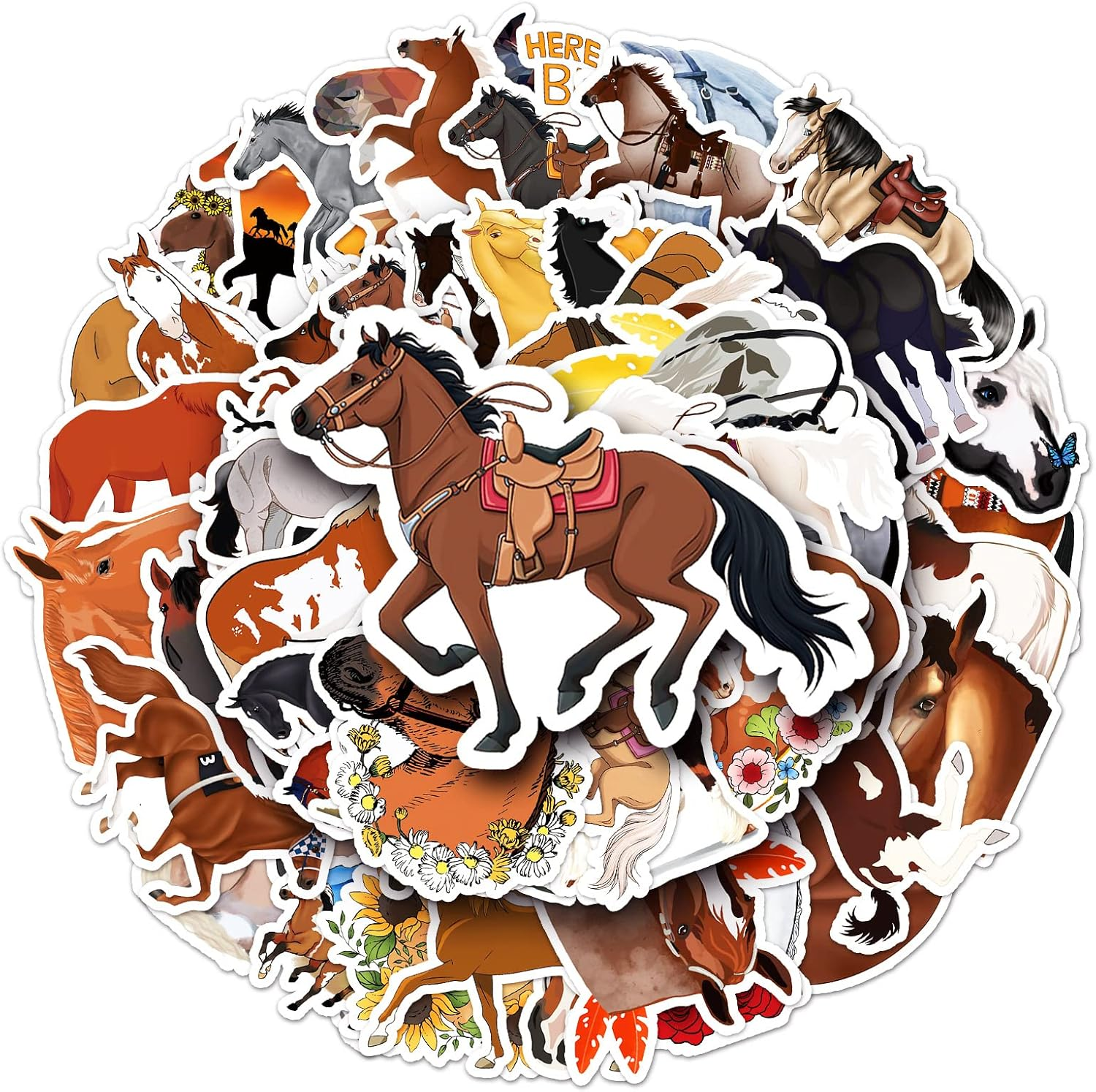 50 Packs Horse Stickers Water Bottles Laptop Phone Motorcycle Computer Guitar Skateboard Hydroflasks Cartoon Horse Vinyl Sticker Waterproof Aesthetic Trendy Decals for Teens Girls Adults - Animal image number 4