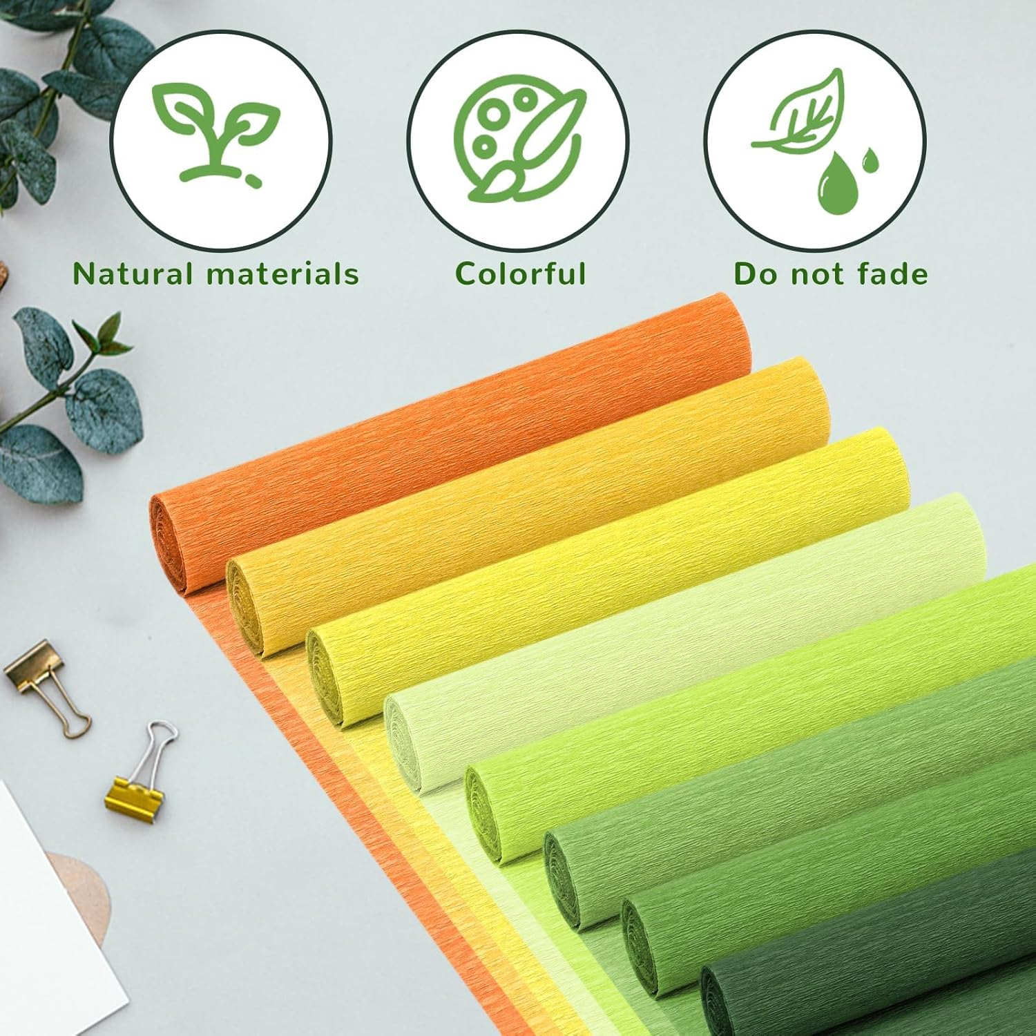 Crepe Paper Streamers 8 Rolls, 10 X 98Inch 8 Yellow&Green Colors Crepe Paper Sheets for DIY Gift Colourful Paper Flower Wrapping Paper Crafts Birthday Wedding Holiday Party Decorations image number 2