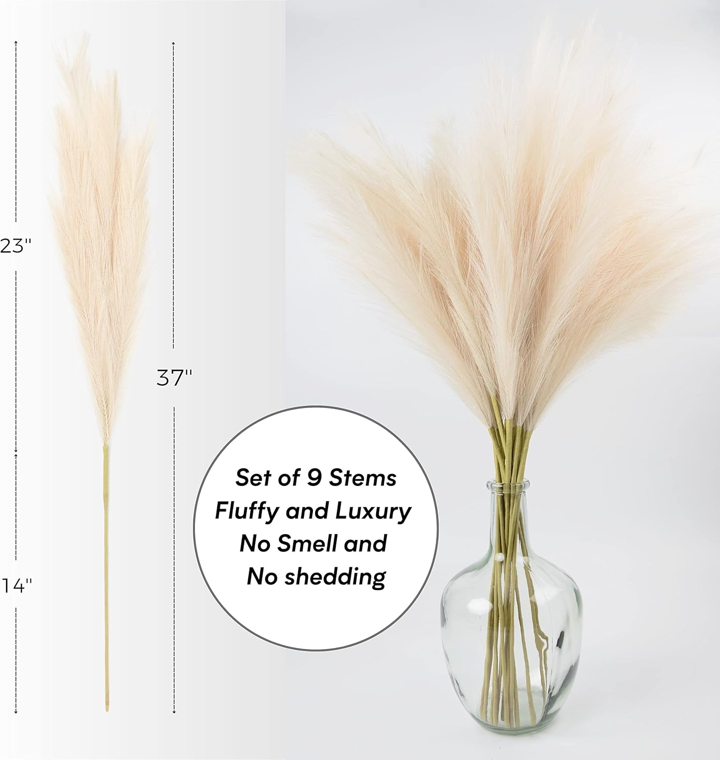 Faux Pampas Grass, 9 PCS 37''/3.1FT Tall Fluffy Fake Pompas Floral, Large Artificial Pompous Grass Branches for Floor Vase Fillers, Boho Farmhouse Room Wedding Decor