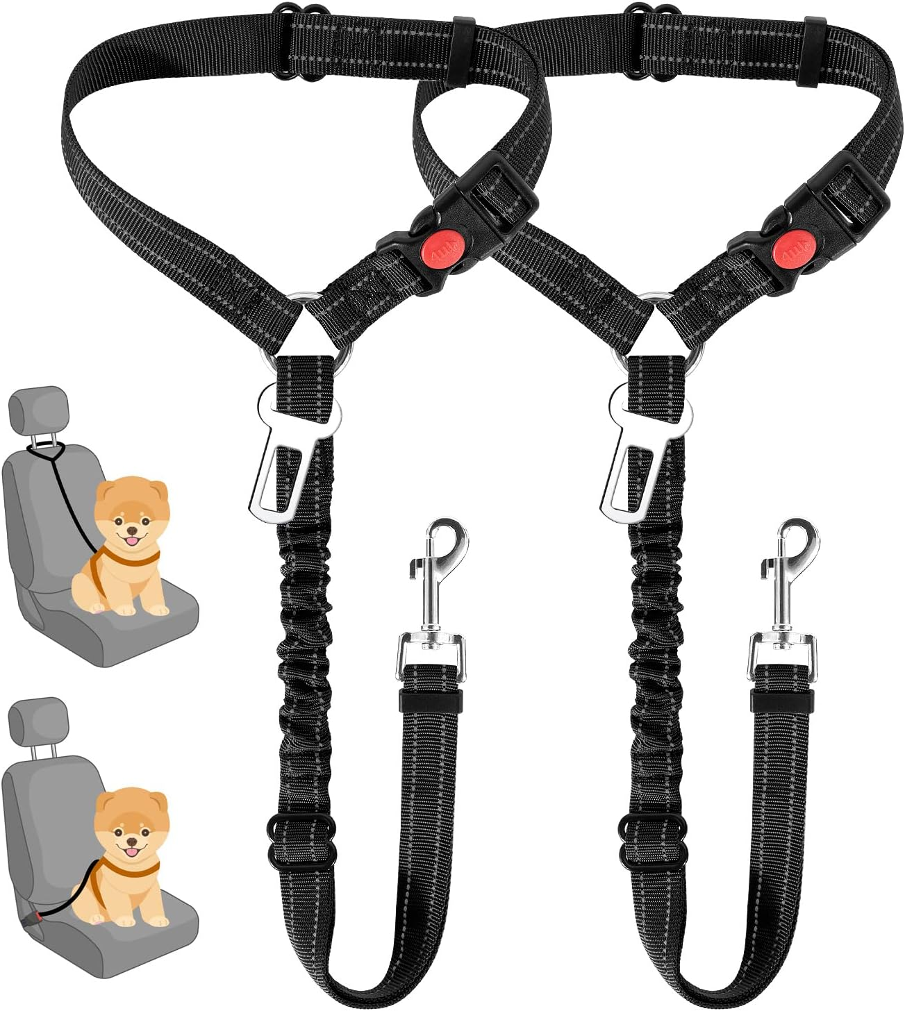 Slowton 2 in 1 Dog Seatbelts for Cars, 2 Pack Pet Car Seat Belt Headrest Restraint with Seatbelt Clip Puppy Safety Adjustable Belt Connect with Dog Car Harness with Reflective Elastic for Car