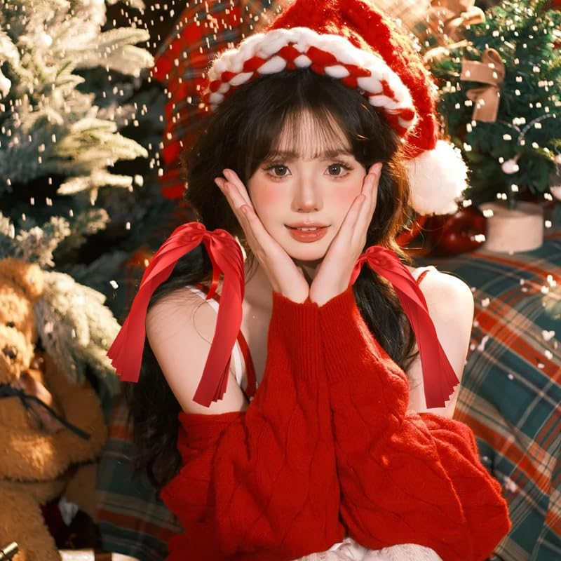 Christmas Hair Ribbon Bow Tie Christmas Hair Accessories for Women Elastic Red Bow Hair Ties Silk Long Hair Scrunchies Ties with Bow Satin Christmas Ponytail Holder 2PCS Ribbon Hair Tie Bows