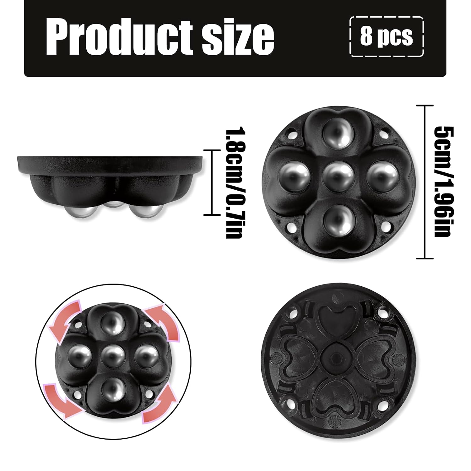 NILLOS Mini Caster, 8 PCS Sticky Pulley Wheels for Trash Can, Furniture, Storage Box (5 Cm/1.96 In) image number 4