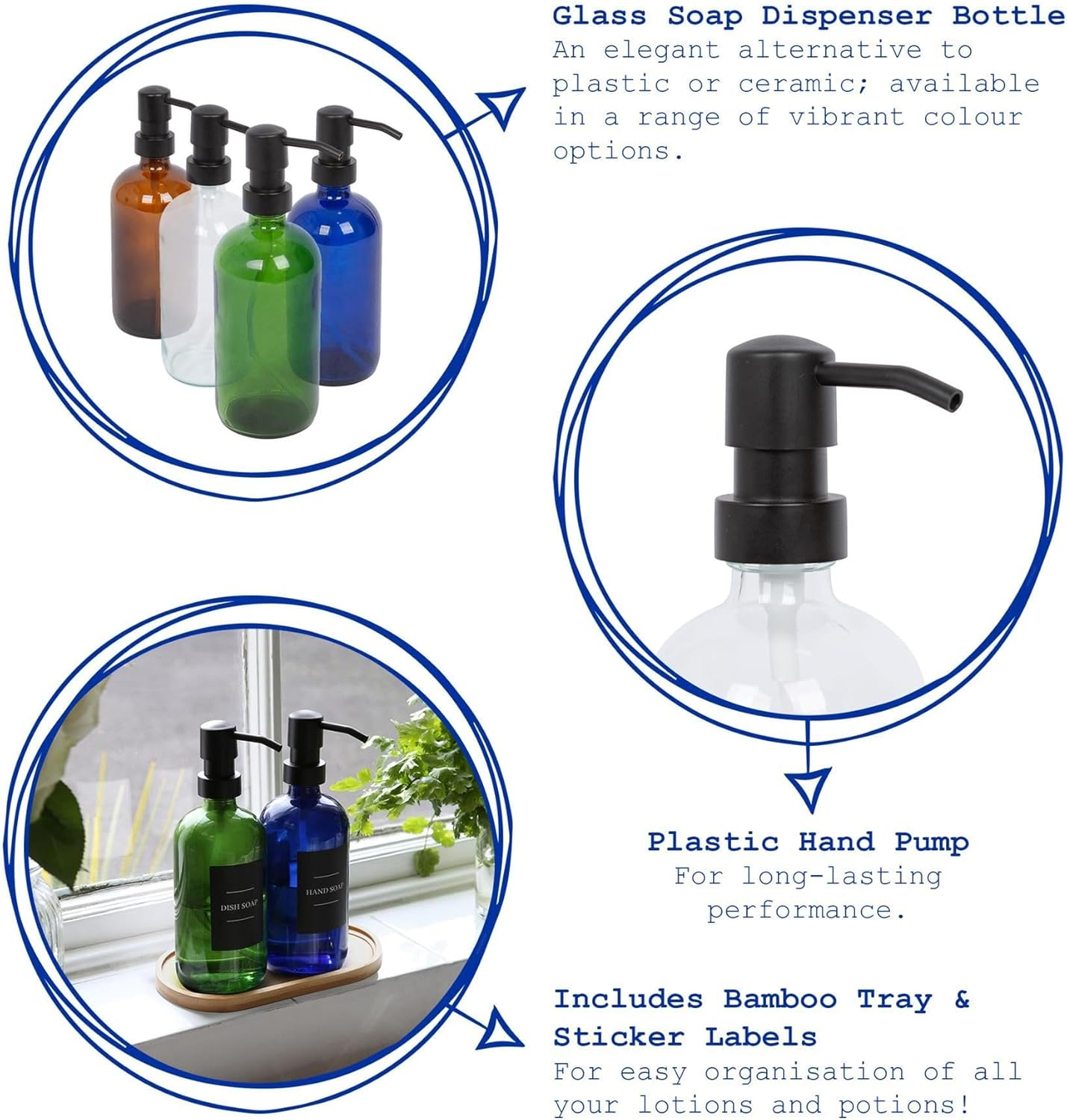 Harbour Housewares 2Pc Glass Soap Dispenser with Bamboo Tray & Labels - Amber/White - 500Ml Refillable Soap Dispensers Hand and Dish Liquid Pump for Bathroom, Kitchen, Laundry Room image number 1