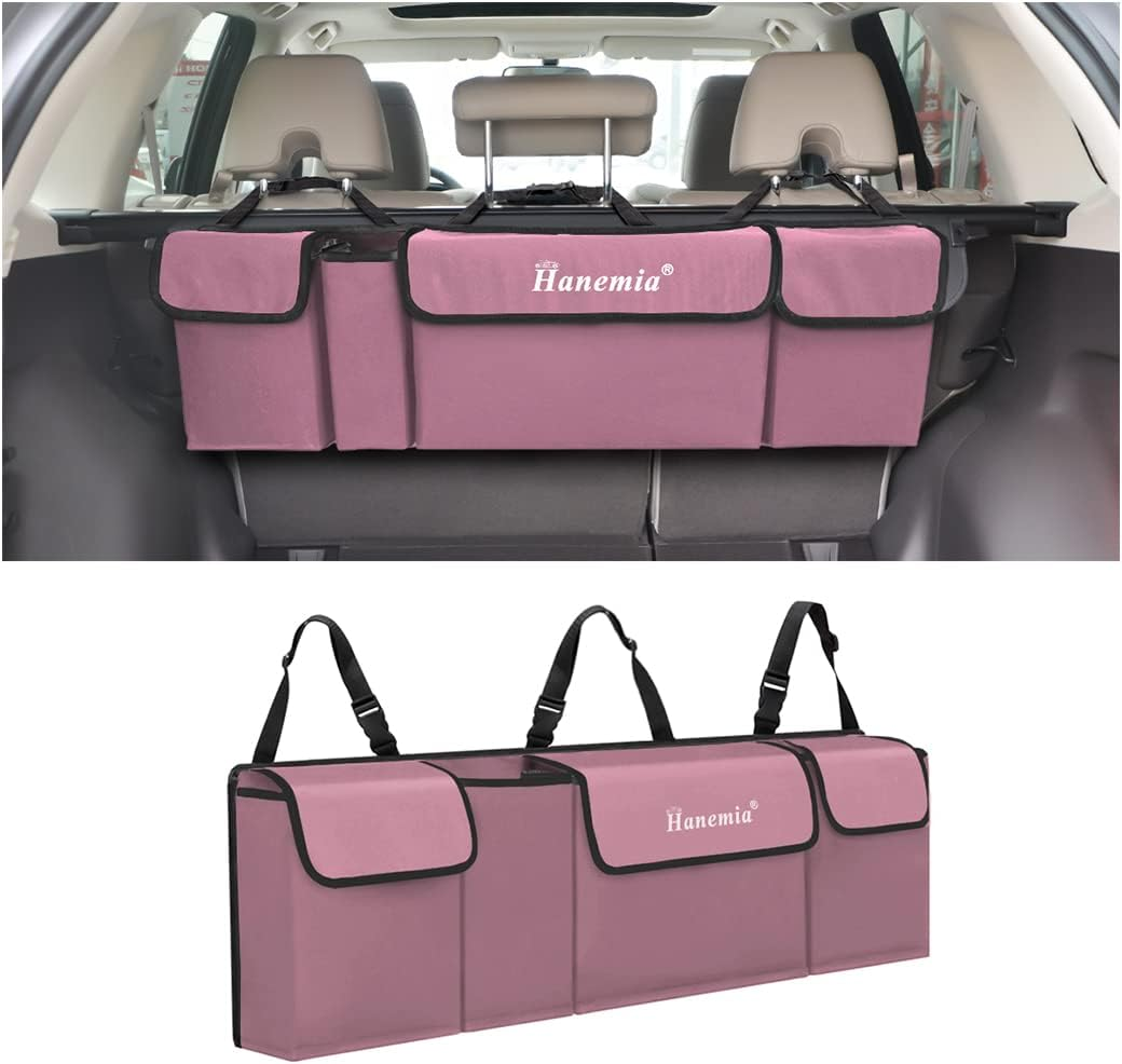 Hanemia Car Trunk Organizer, Backseat Hanging Storage with 4 Large Pockets, Collapsible Cargo Bag with Adjustable Straps Frees Trunk Floor, Sturdy Space Saving Expert for SUV, Truck, Van (Pink)