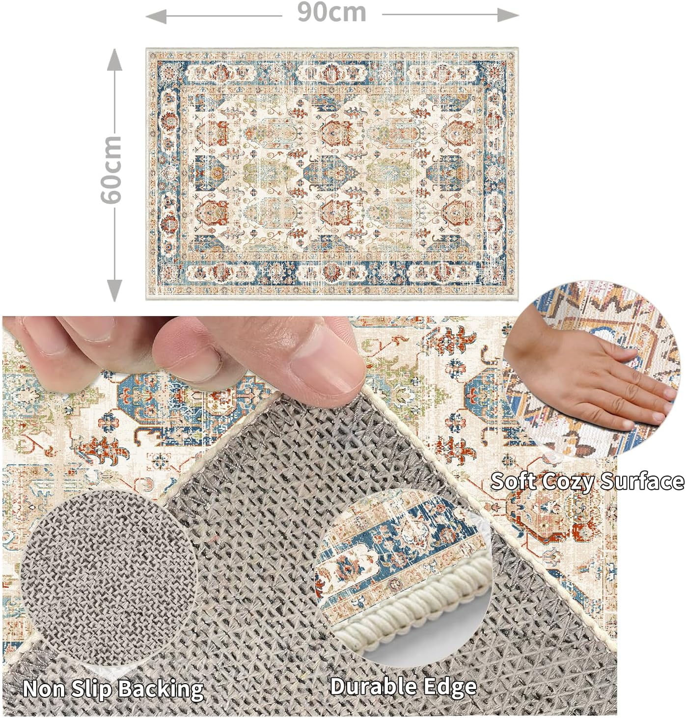 UZU 60X90Cm Non-Slip Machine Washable Entryway Rug, Indoor Door Mat Faux Cashmere Carpet Soft Durable Low Pile Area Rugs with Anti-Slip Backing for Bedroom Kitchen Bathroom Laundry Room - Home Decor image number 6