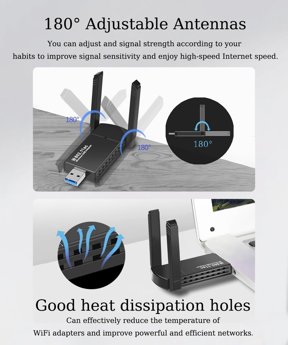 USB Wifi Adapter 1300Mbps,Usb 3.0 Wireless Network Adapter,Dual Band 5Ghz/2.4Ghz,802.11Ac,With 5Dbi High Gain Double Antennas,For Desktop PC Laptop Support Windows 11/10/8.1/8/7/Vista/Xp/Mac10.9-10.15 image number 3