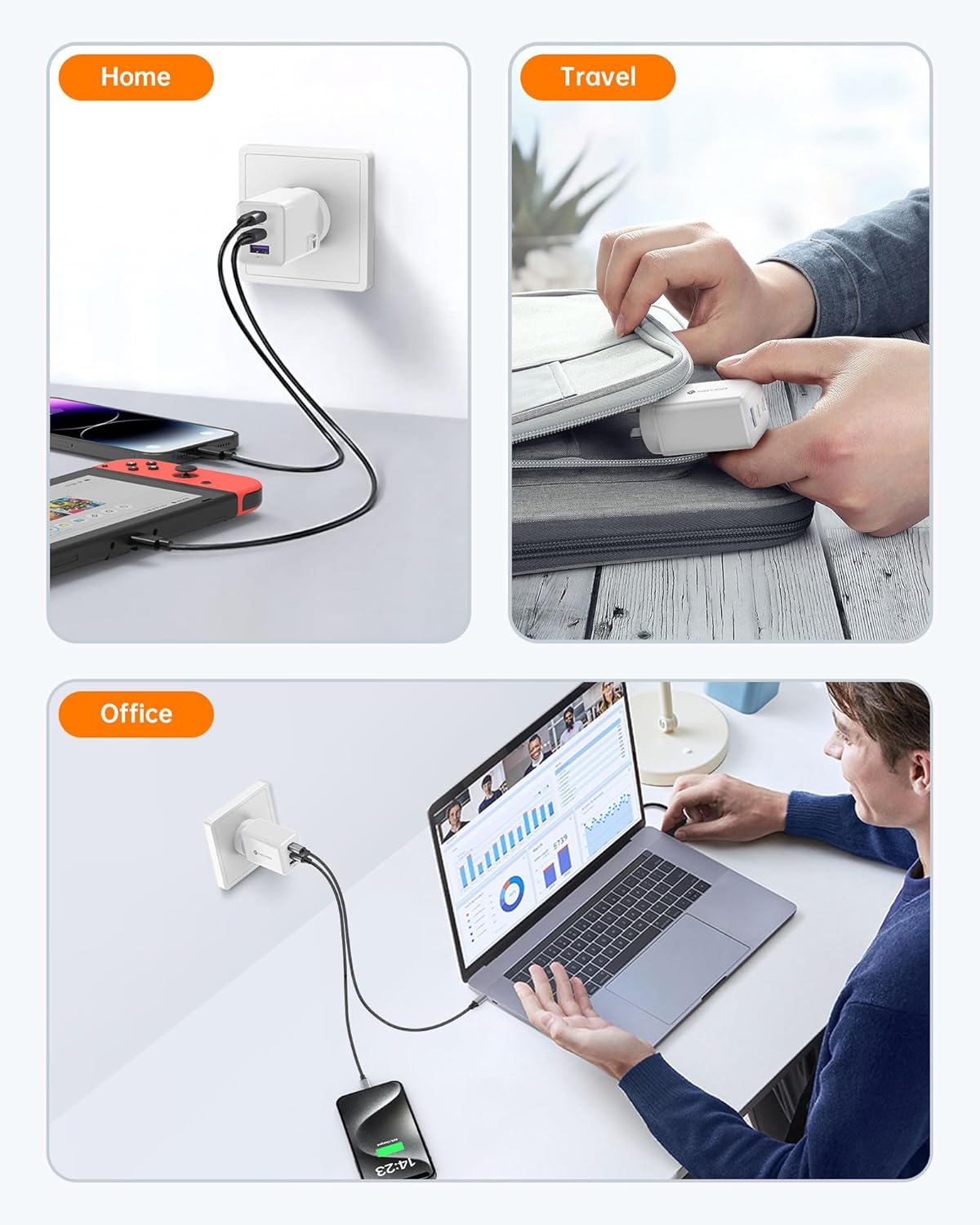 NOVOO 67W USB C Charger, 3-Port Gan III Fast Charger Block with PD3.0, PPS, Compact Wall Charger, AU Plug Power Adapter for Macbook, Ipad, Galaxy S25/S24 Ultra, Iphone 16/15Pro, Dell XPS 13 - White image number 5